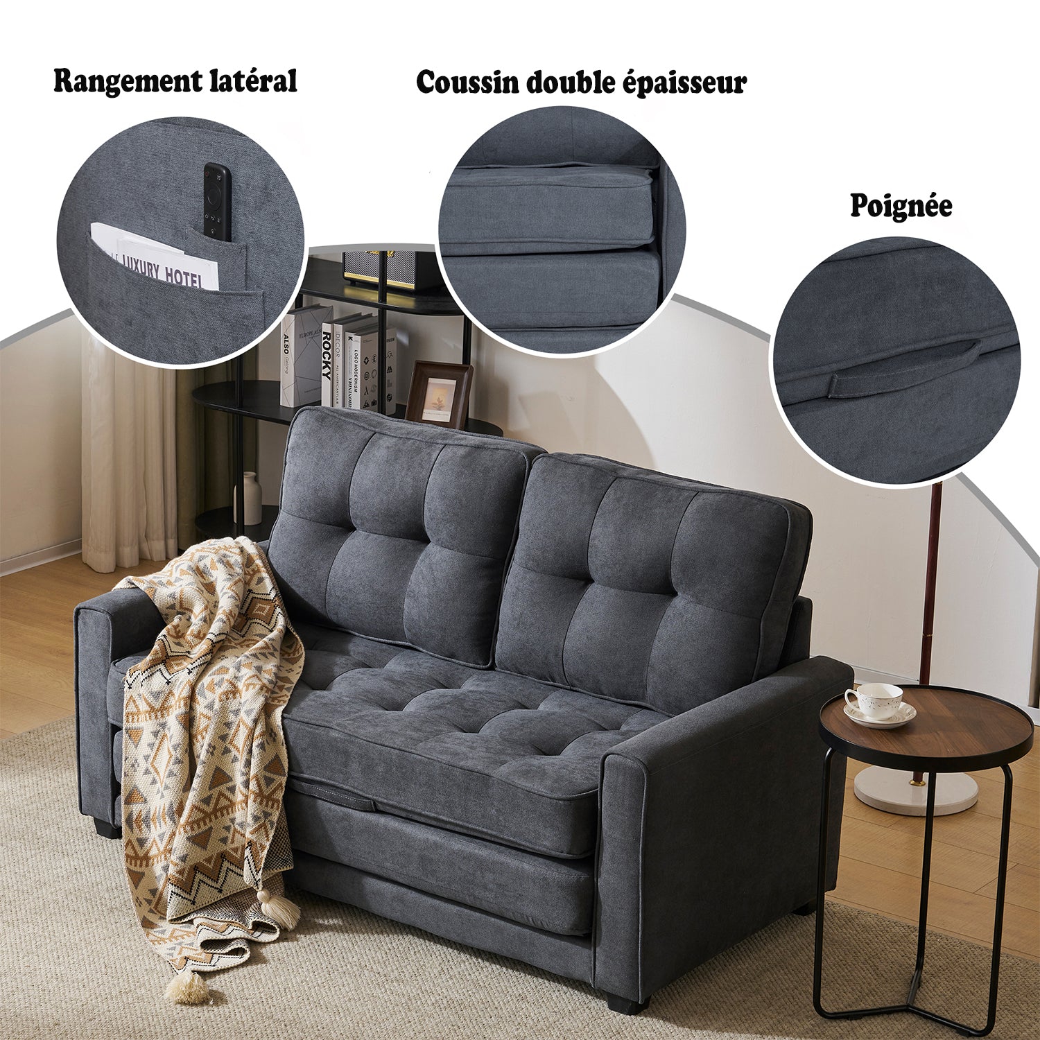 2-seater sofa bed in dark gray fabric with side pockets, modern convertible sofa
