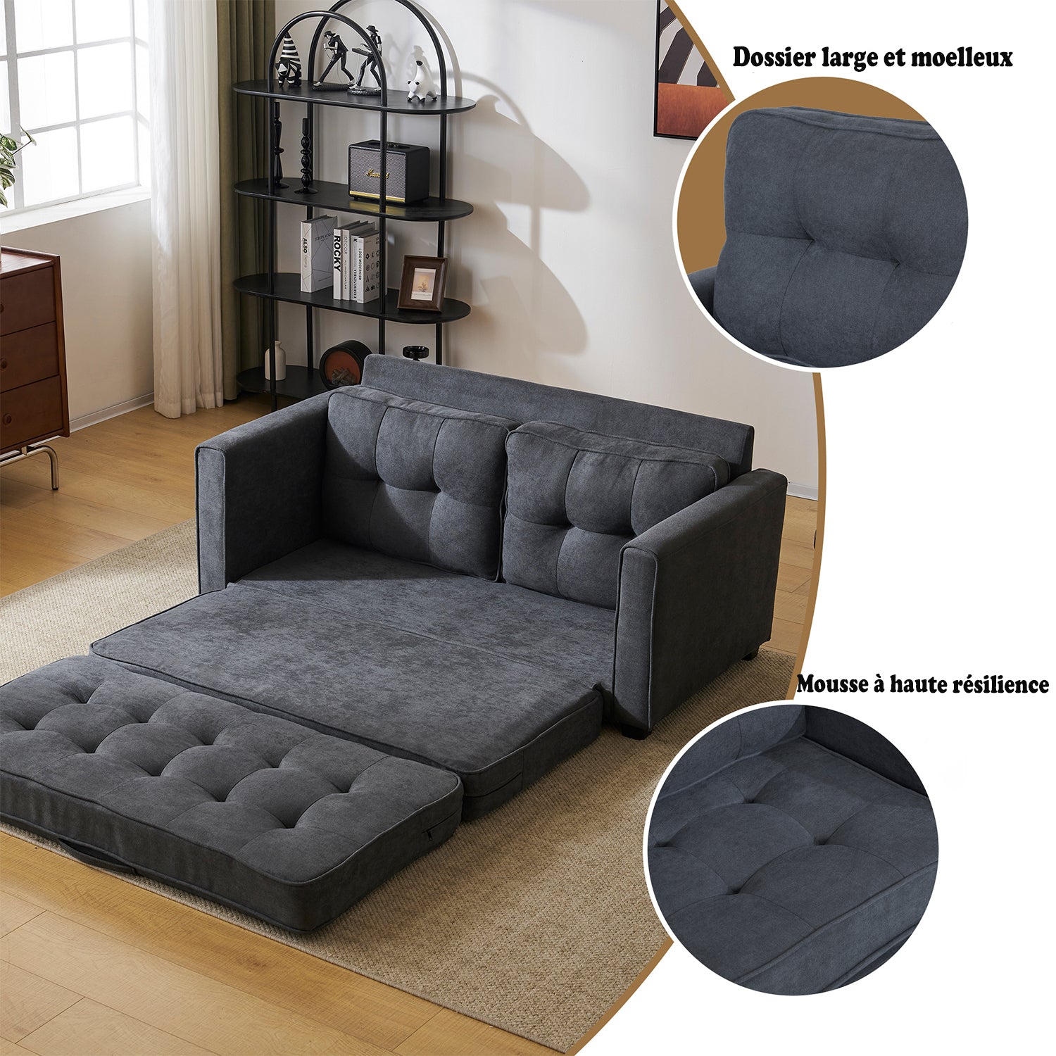 2-seater sofa bed in dark gray fabric with side pockets, modern convertible sofa