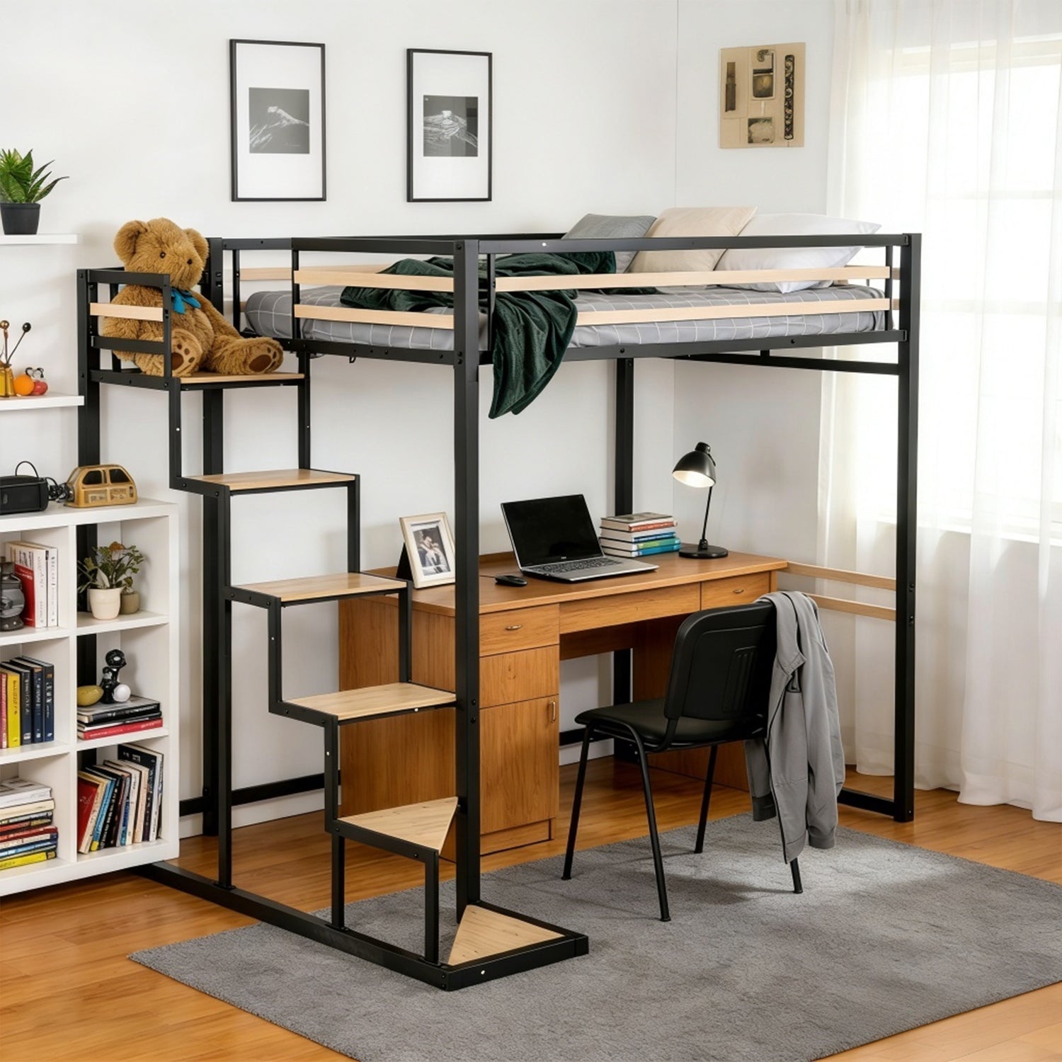 Lit mezzanine 2 places (140x200) avec sommier à lattes au style industriel noir et bois (matelas non inclus) - UP