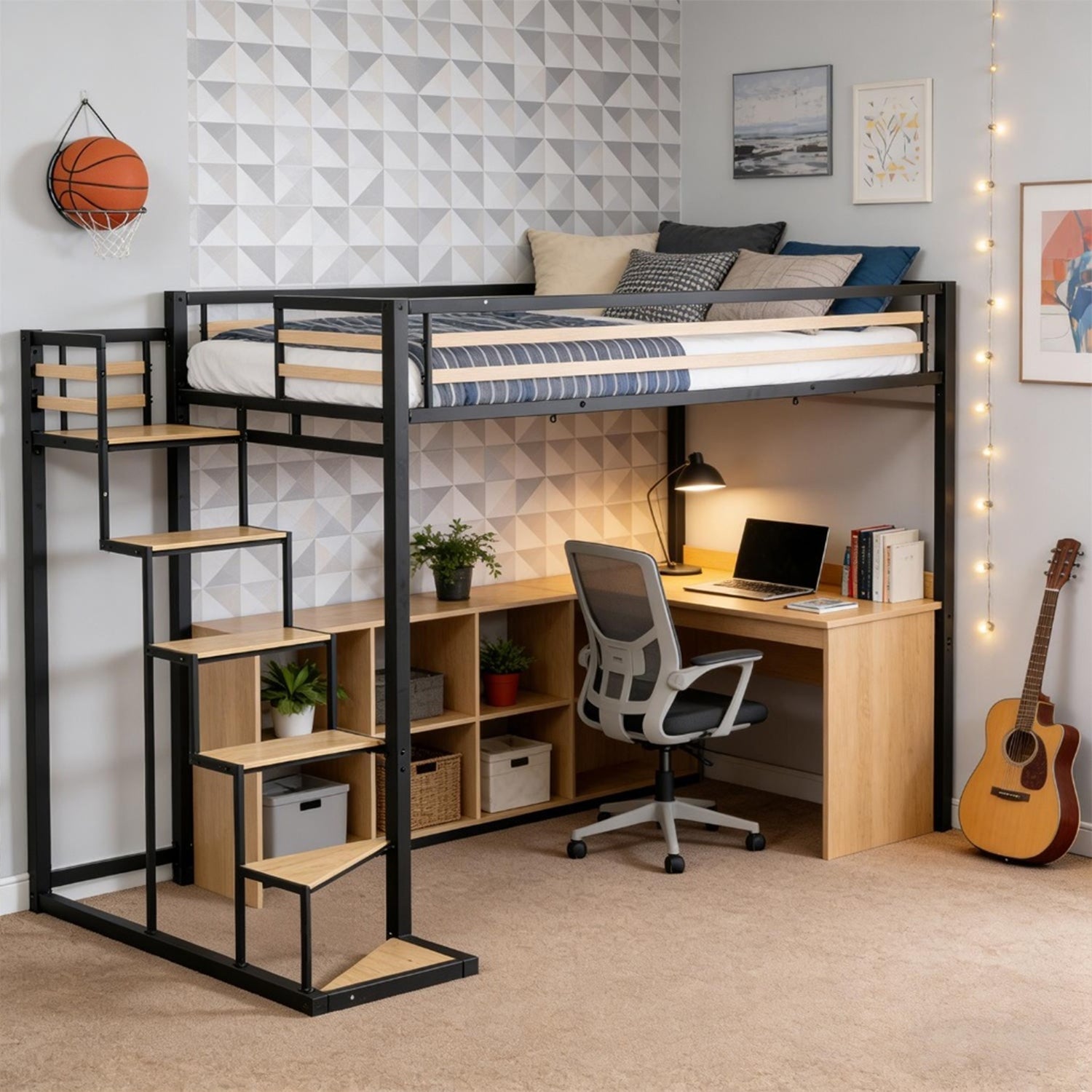 Lit mezzanine 2 places (140x200) avec sommier à lattes au style industriel noir et bois (matelas non inclus) - UP