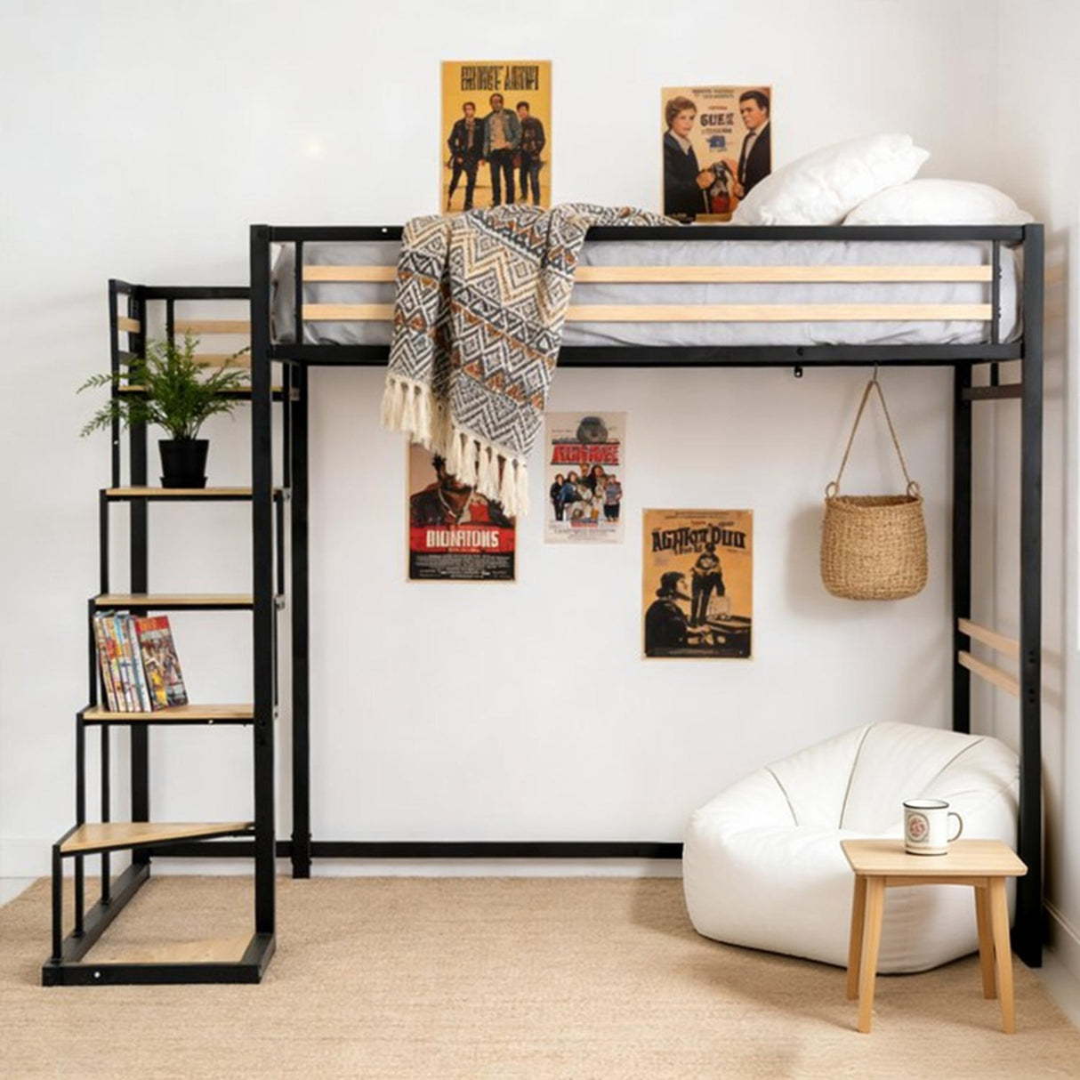 Lit mezzanine 2 places (140x200) avec sommier à lattes au style industriel noir et bois (matelas non inclus) - UP