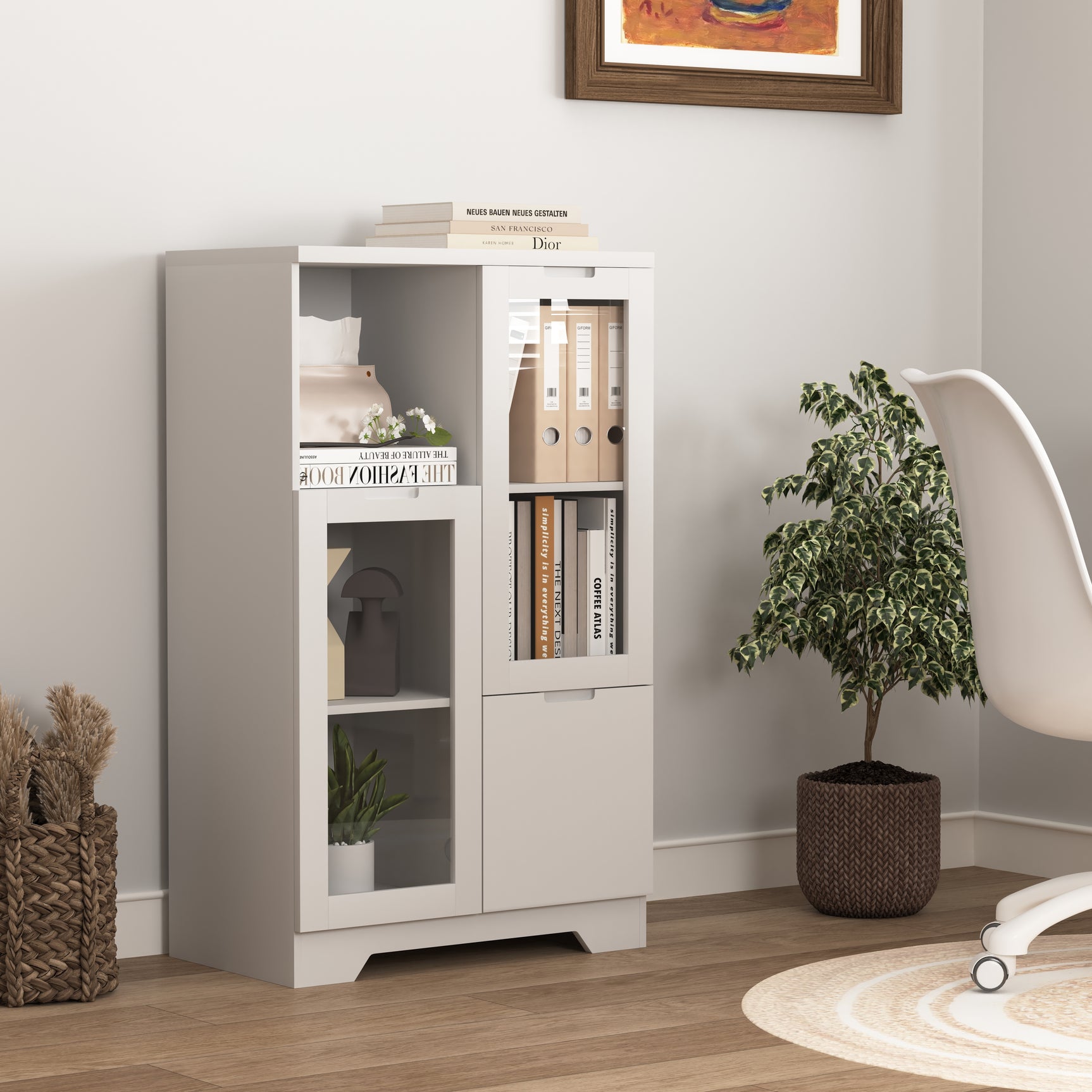 Buffet en MDF laqué blanc 65x30x100 cm avec portes vitrées, tiroir et espaces de rangement ouverts, idéal pour salon, chambre ou entrée