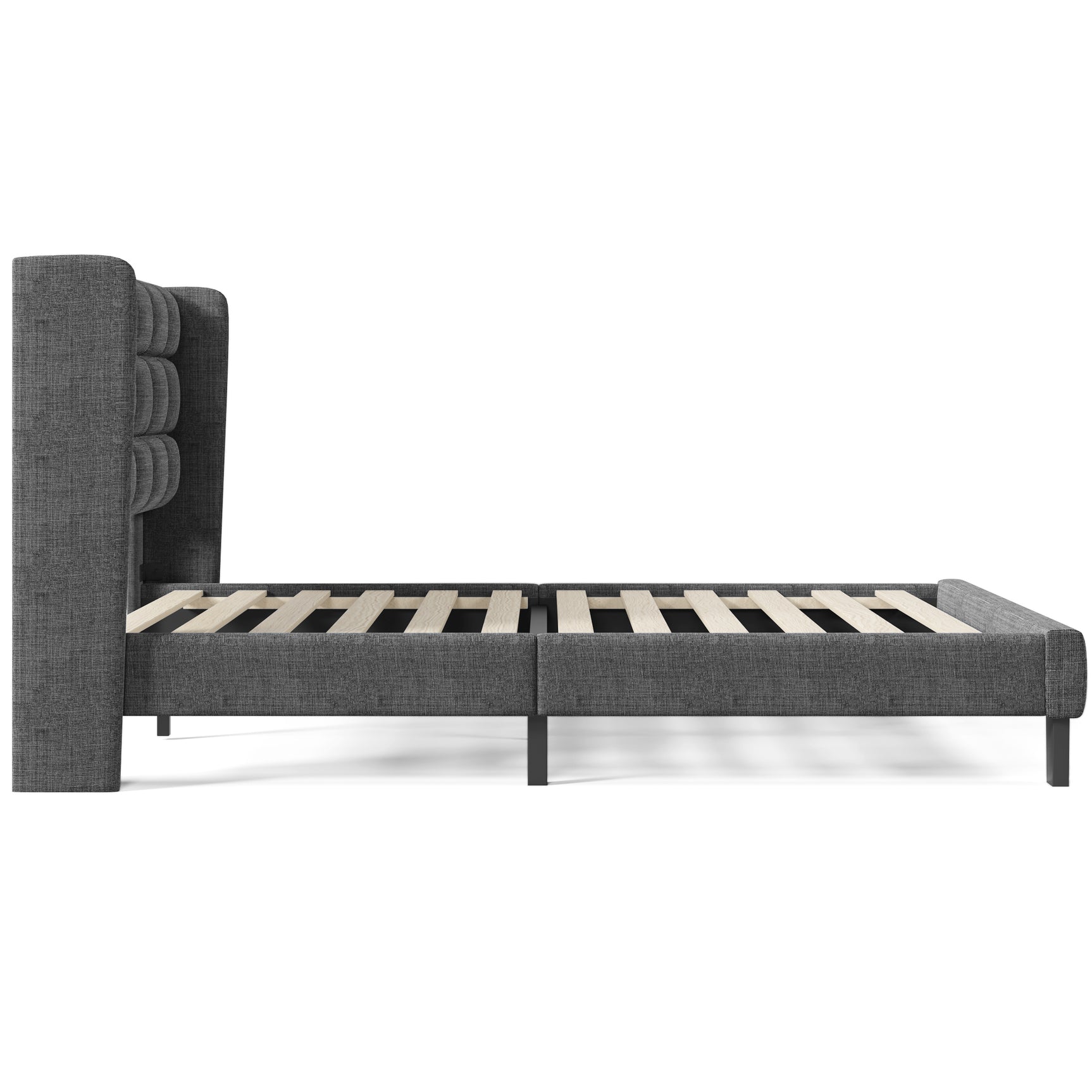 Lit double 140x200 cm en tissu gris avec tête de lit capitonnée et sommier à lattes inclus, design élégant et confortable (matelas non inclus)