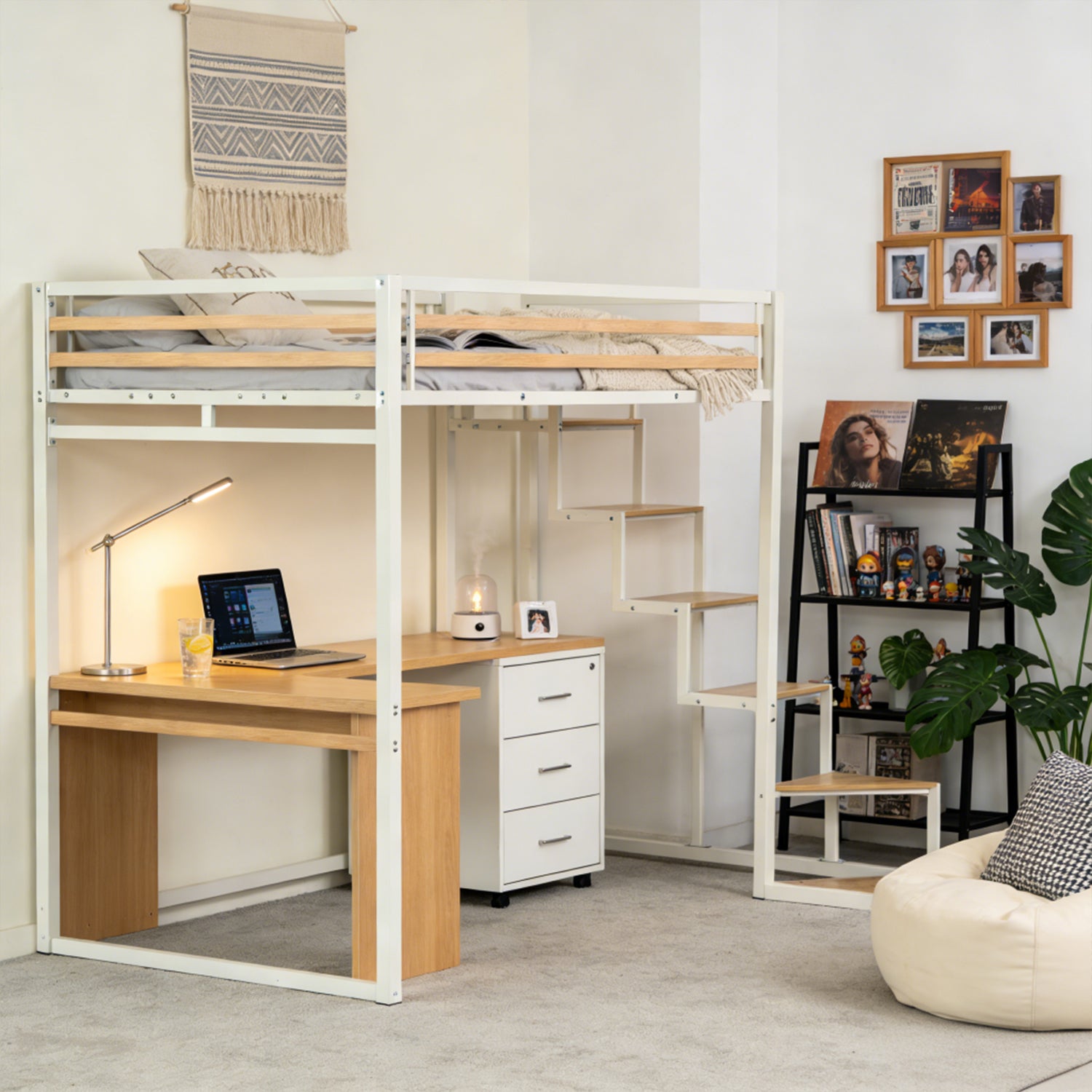 2 -seerer Mezzanine -Bett (140x200) mit Lattenboxen mit industriellem Weiß- und Holzstil (Matratze nicht enthalten) - Up