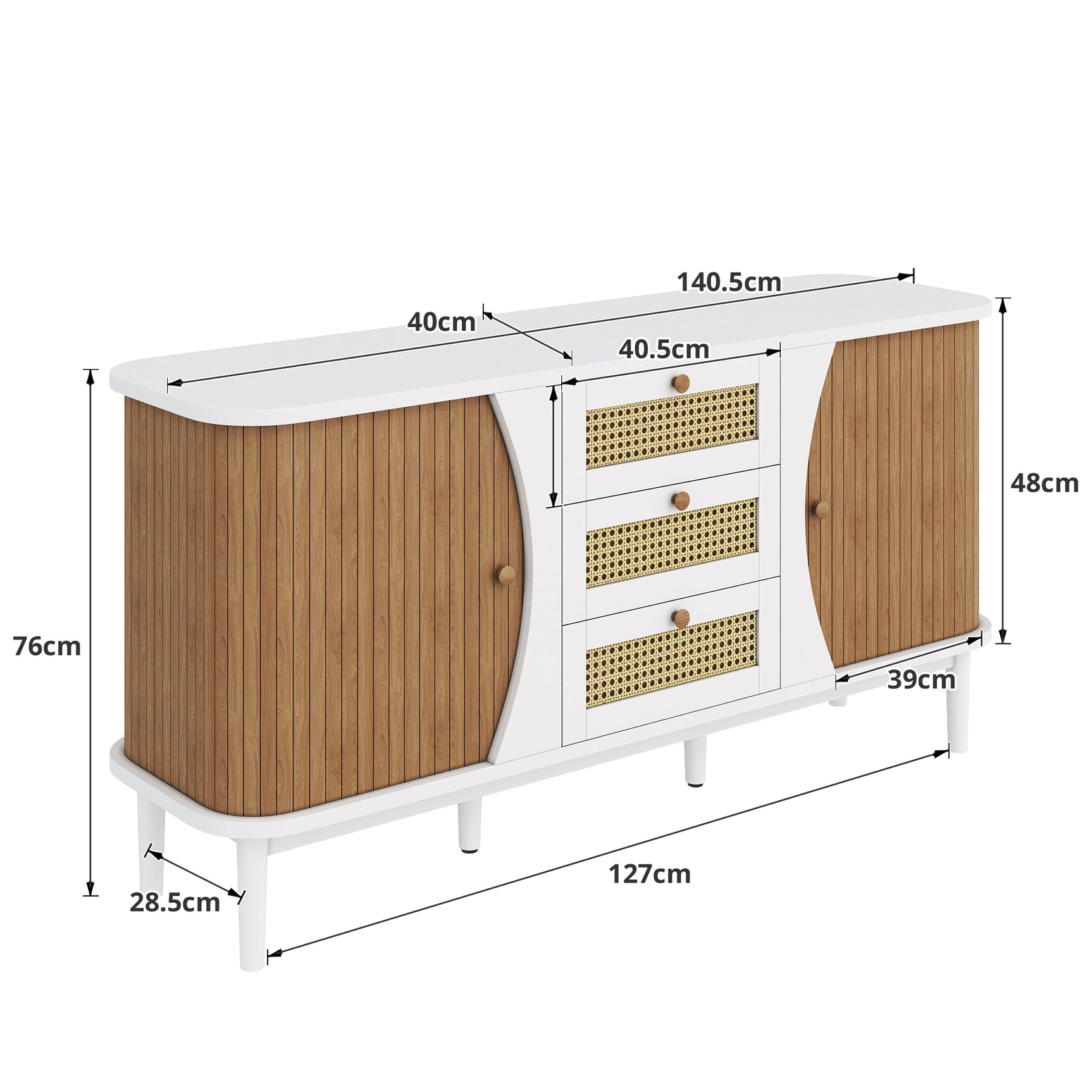 Modern white buffet with 3 rattan drawers and sliding doors