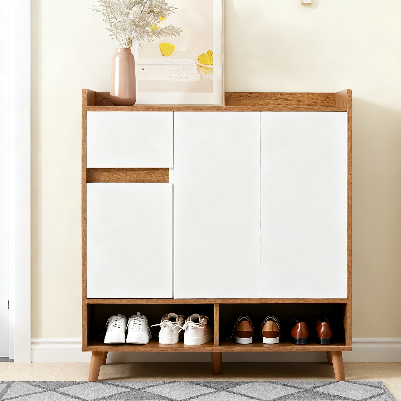 Commode / buffet / meuble à chaussures blanc et bois 90x35x99 cm avec étagères réglables et pieds en bois massif
