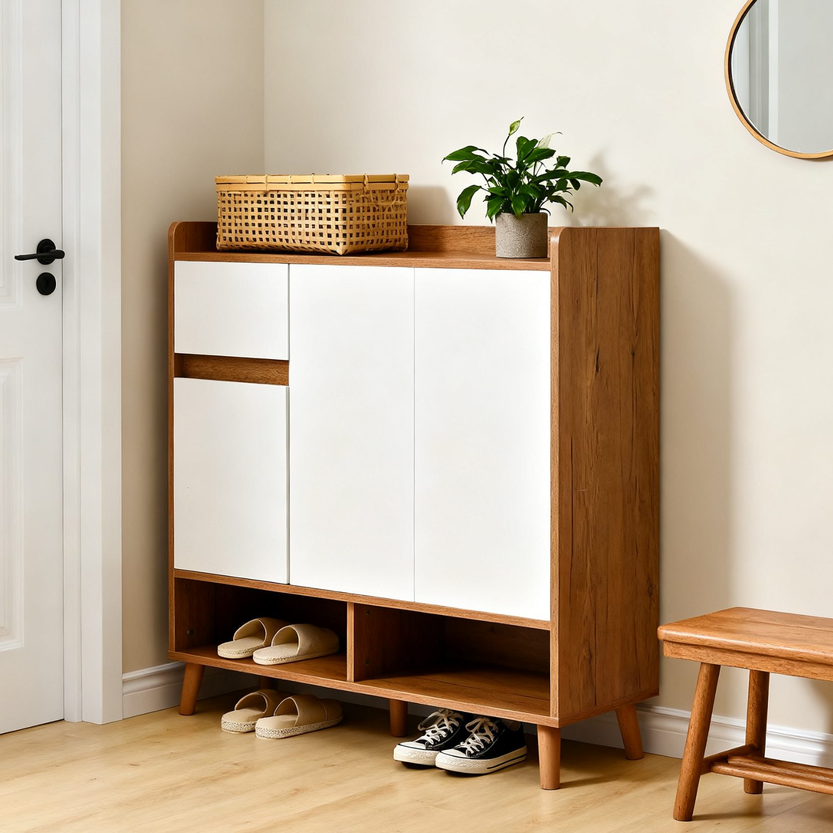 Commode / buffet / meuble à chaussures blanc et bois 90x35x99 cm avec étagères réglables et pieds en bois massif