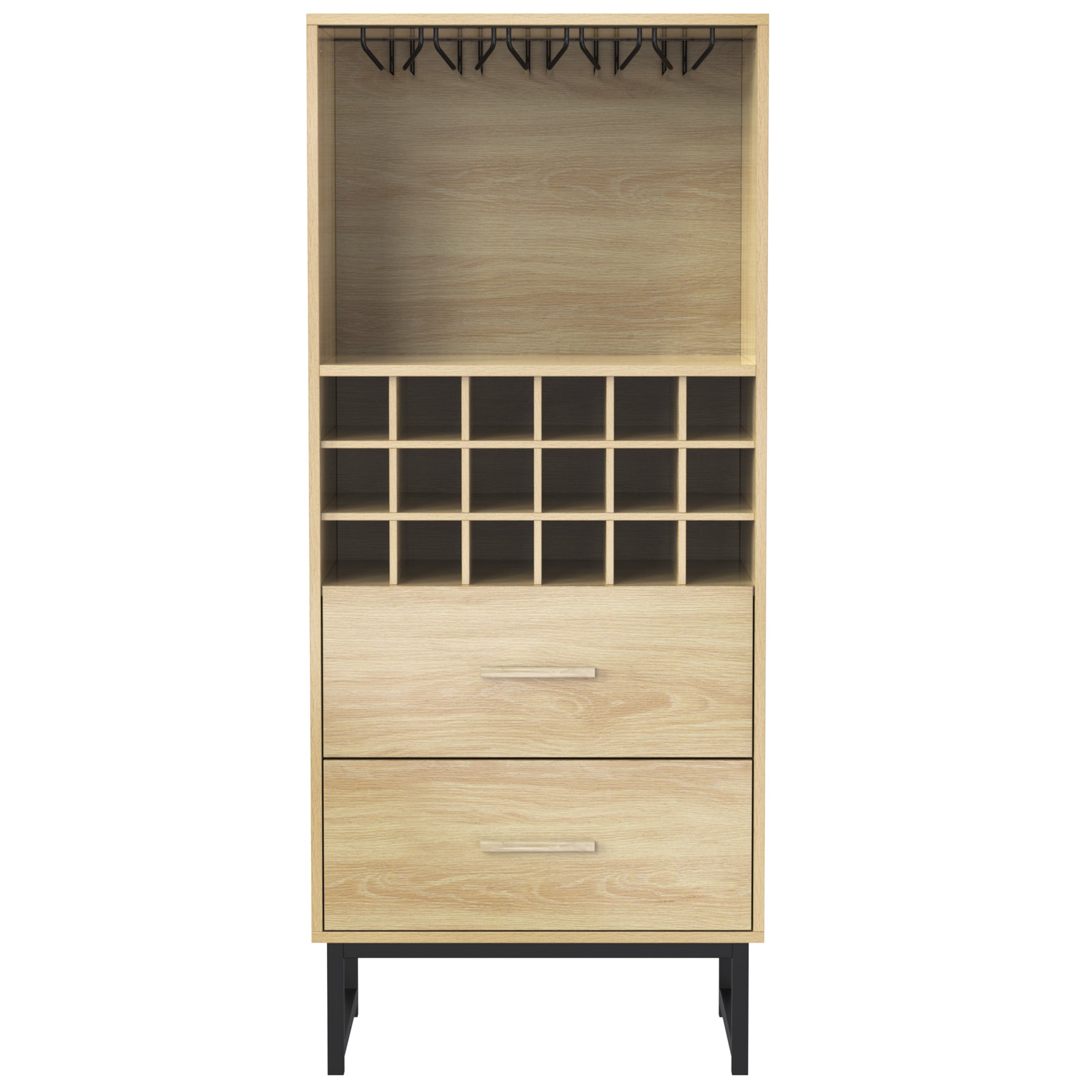 Wooden high buffet with 18 compartments, 2 integrated drawers and glass holders