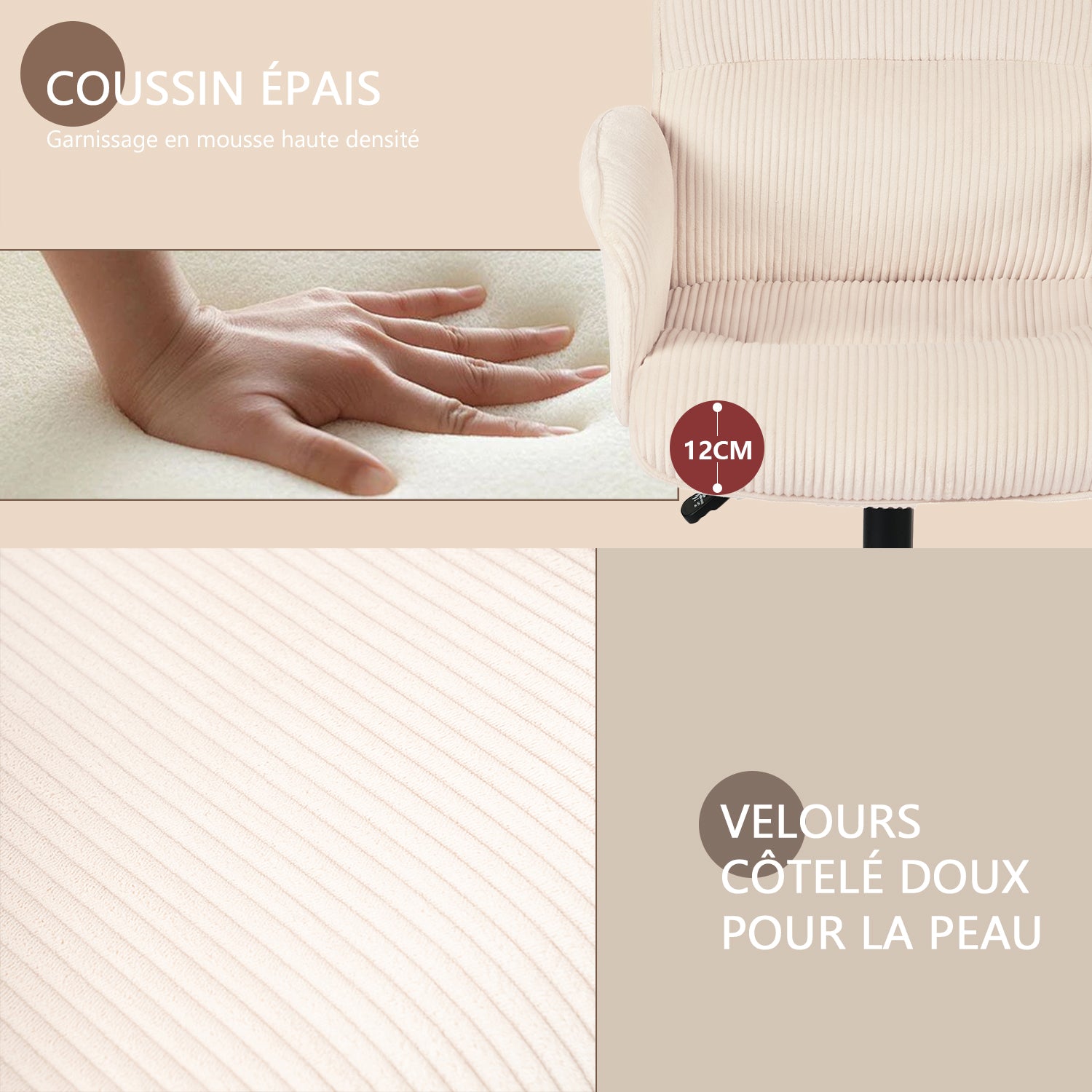Fauteuil de bureau ergonomique pivotant et réglable avec accoudoirs en velours côtelé beige - THOMASINA