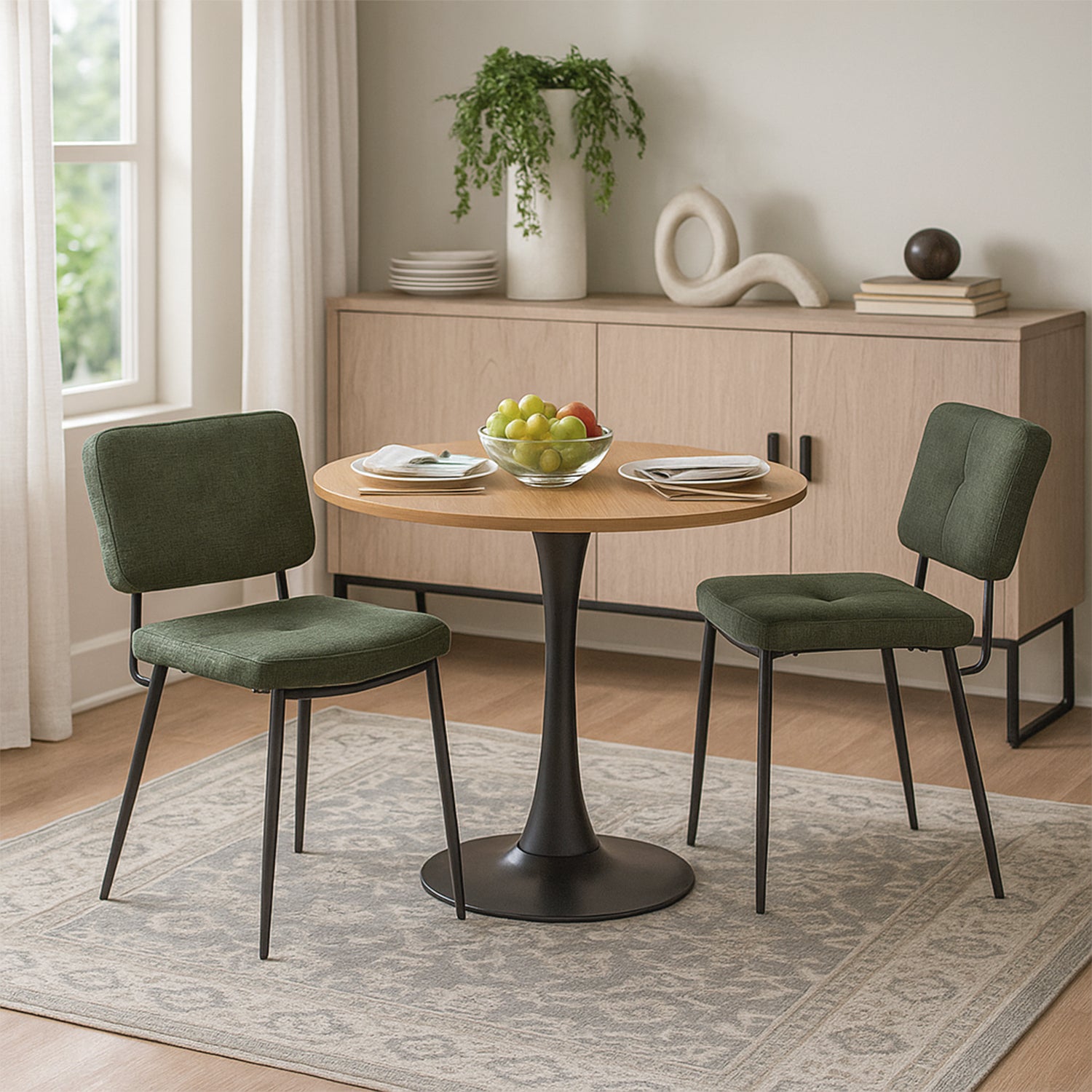 Round Table Table Table Table Timber Ø80 cm with 4 black velvet chairs, modern and comfortable style