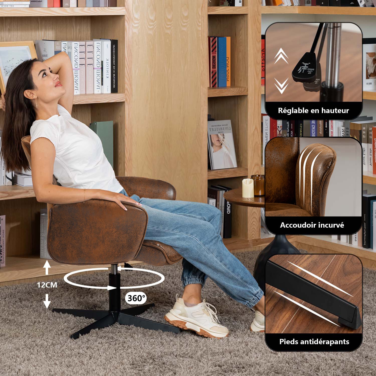Ergonomic adjustable swivel office chair with suede armrests - THOMASINA