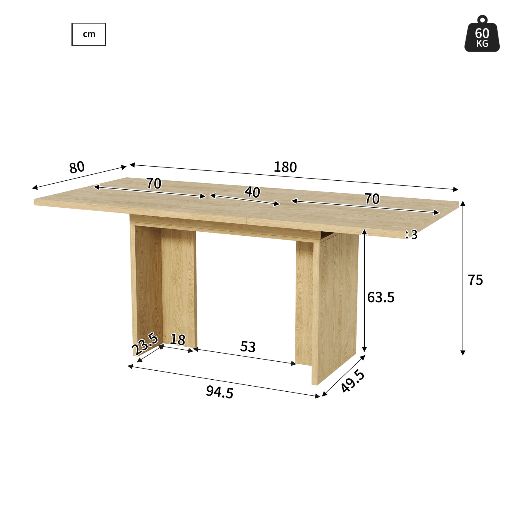Rectangular dining table in particle panels finish oak with four robust feet