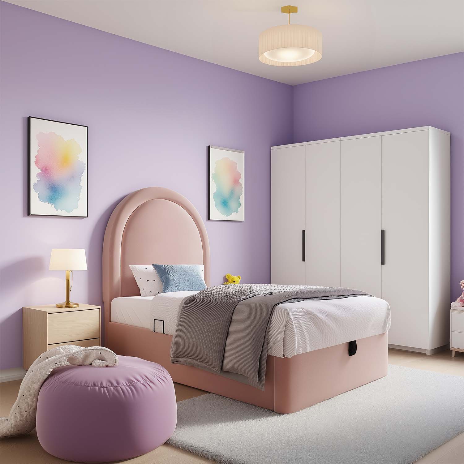 Packaged children's bed 90 × 190 cm (without mattresses) in pink velvet with arched headboard