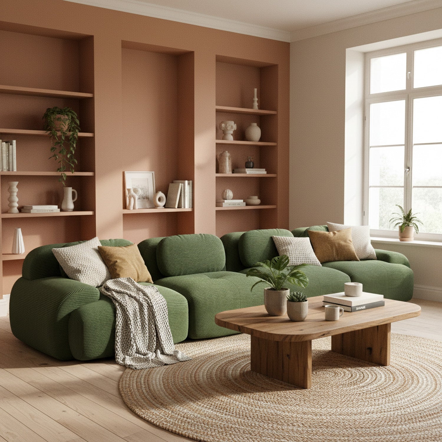 Ensemble de canapés avec accoudoirs incurvés et base antidérapante en tissu velours côtelé doux pour le salon, vert, siège 4