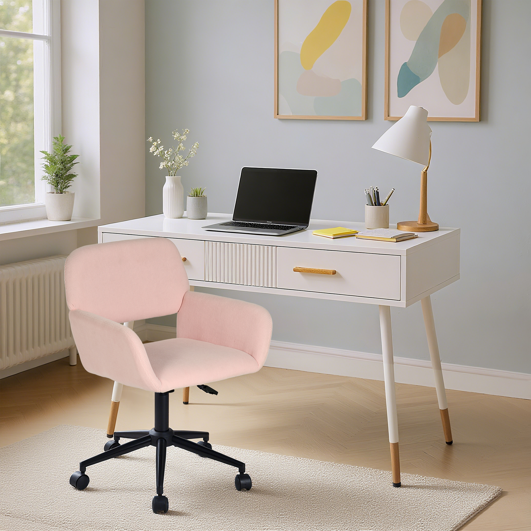 Coiffeuse ou bureau blanc au design moderne avec 2 tiroirs spacieux et pieds en métal doré, 100x40x76 cm.