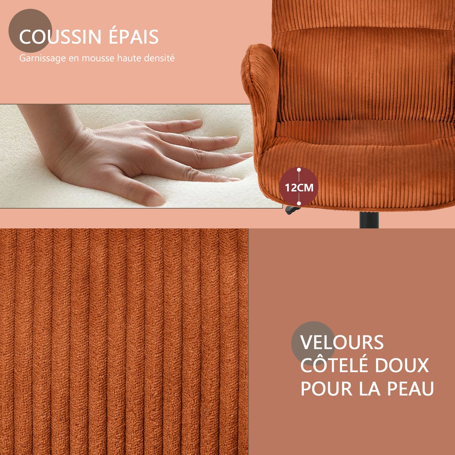 Fauteuil de bureau ergonomique pivotant et réglable avec accoudoirs en velours côtelé rouge - THOMASINA