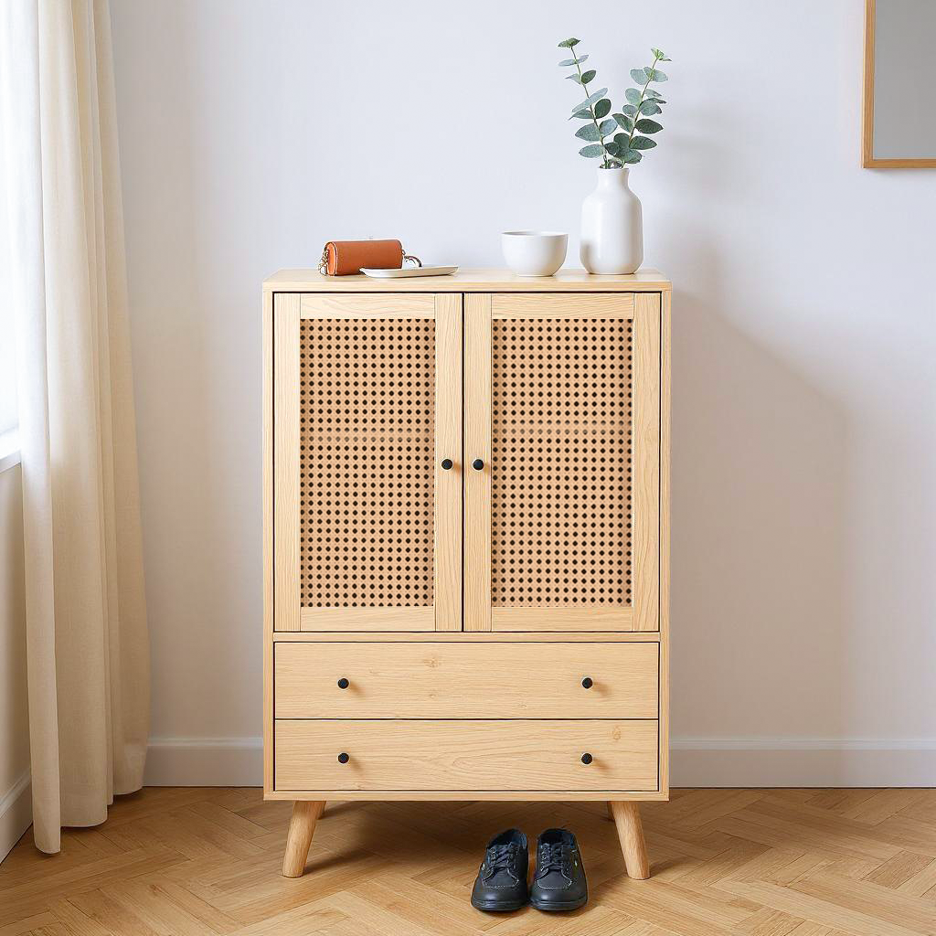 Holzbuffet moderner Stil mit Rattan -Türen und -schubladen - 60 x 40 x 120 cm