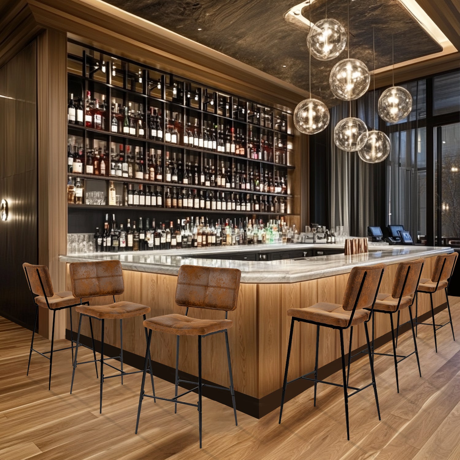 Set mit 6 industriellen Barhockern mit Wildlederrücken – POMONA BAR