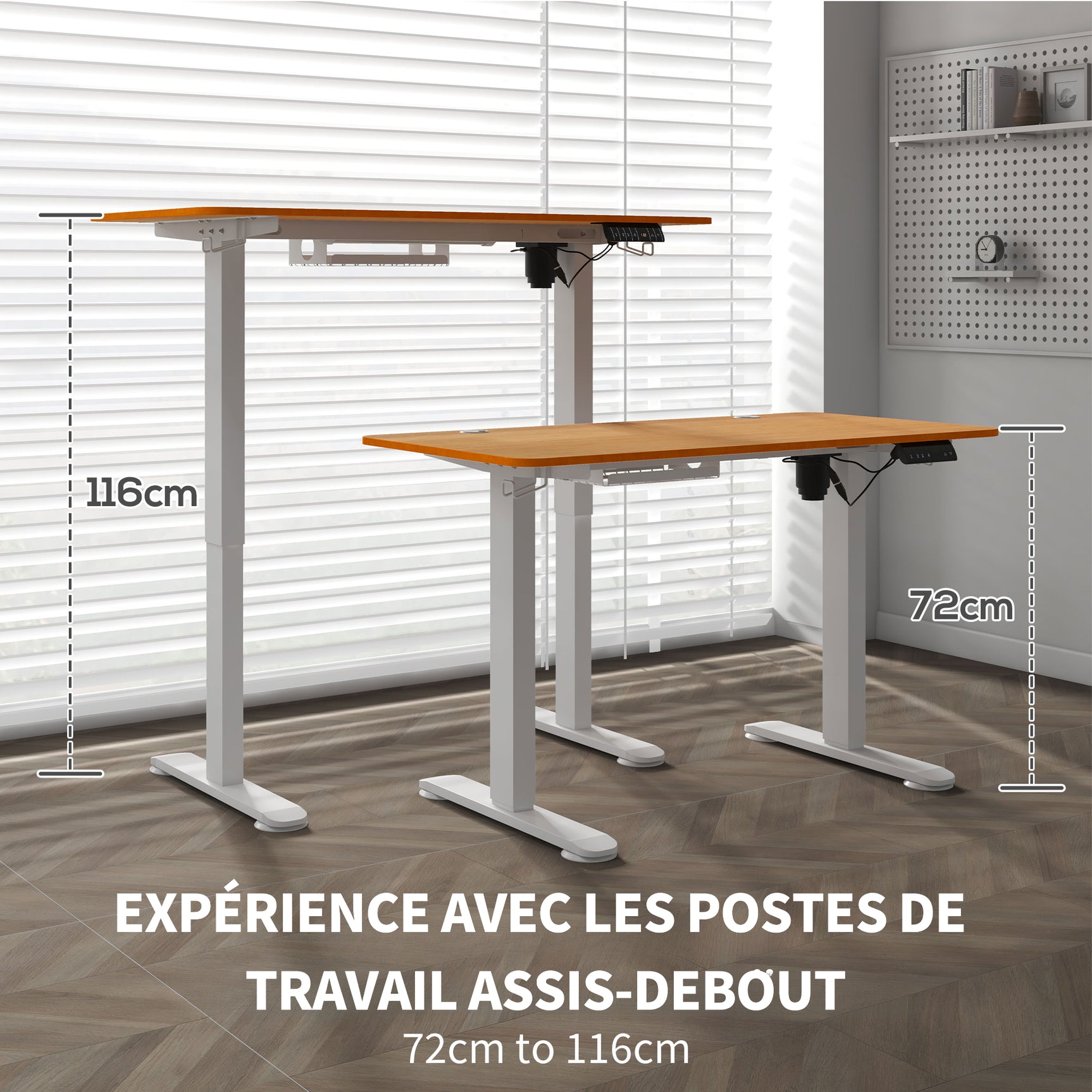 Table de bureau électrique réglable en hauteur 120x60x72-116 cm Stehtisch avec anti-collision, boîte à câbles et crochets, finition bois naturel