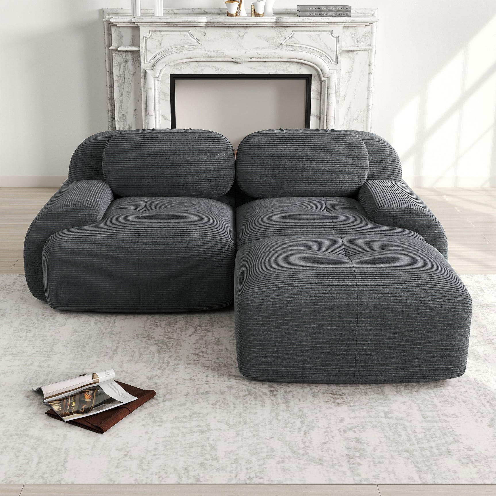 Ensemble de canapés avec accoudoirs incurvés et base antidérapante en tissu velours côtelé doux pour le salon, gris, siège 2 + tabouret 1