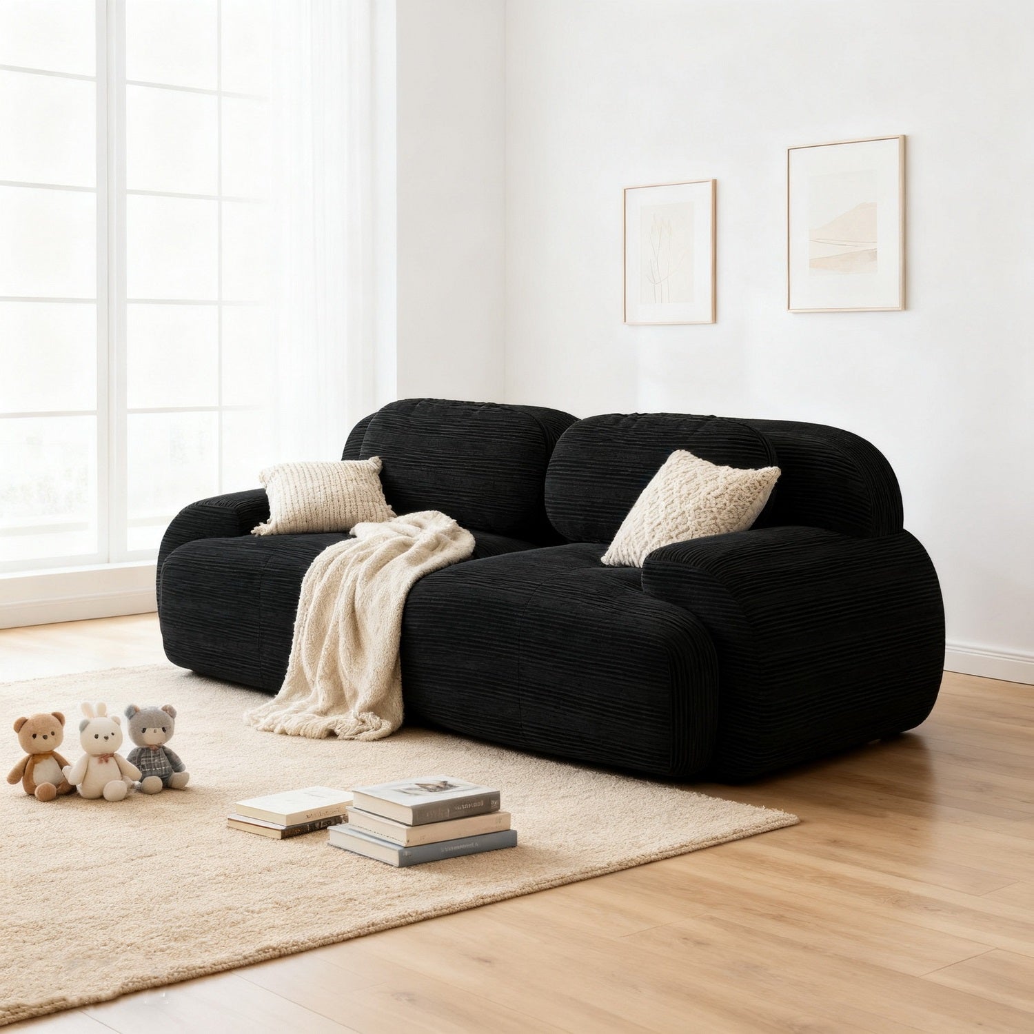 Ensemble de canapés avec accoudoirs incurvés et base antidérapante en tissu velours côtelé doux pour le salon, noir, siège 2