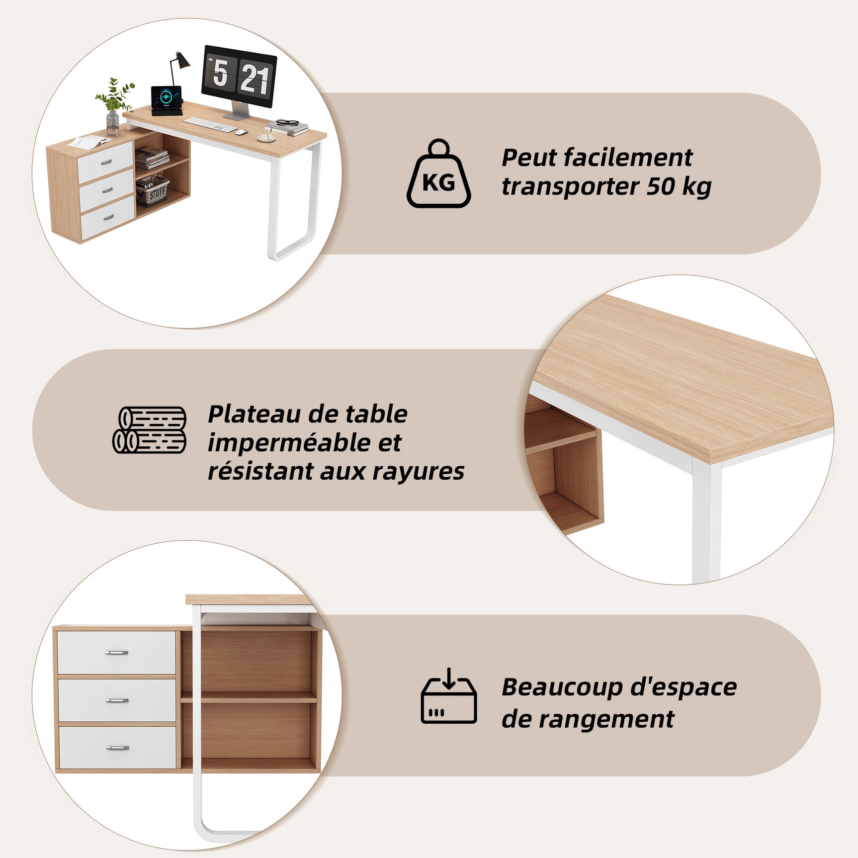 Bureau simple en bois naturel avec 3 tiroirs et 2 niches ouvertes – 147×100×75,3 cm