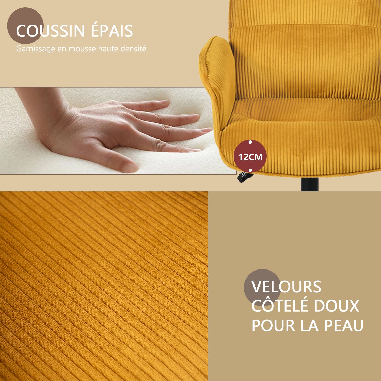 Fauteuil de bureau ergonomique pivotant et réglable avec accoudoirs en velours côtelé jaune - THOMASINA