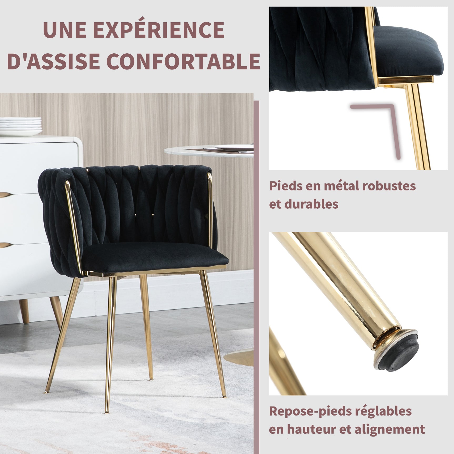 Lot de 2 Chaises en Velours Luxueuses Chaises à Dos Tressé avec Pieds Métal Doré pour Salon Chambre à Coucher Salle à Manger, Noir