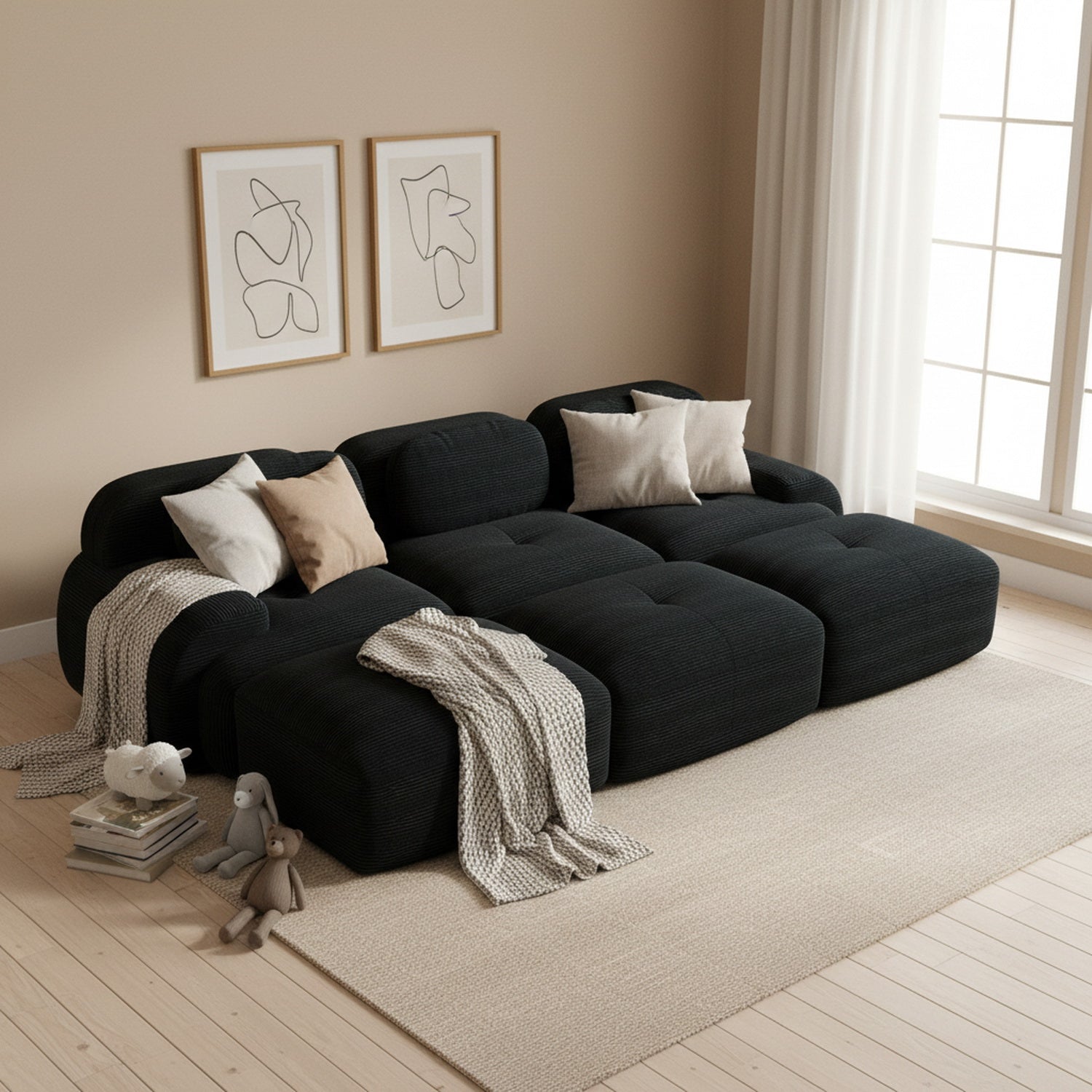 2-Sitzer-Schlafsofa aus dunkelgrauem Stoff mit Seitentaschen, modernes Schlafsofa