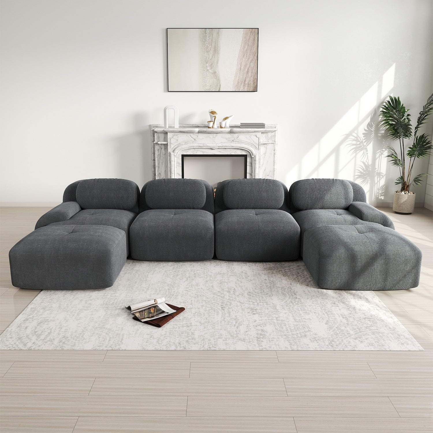 Ensemble de canapés avec accoudoirs incurvés et base antidérapante en tissu velours côtelé doux pour le salon, gris, siège 4+tabouret 2