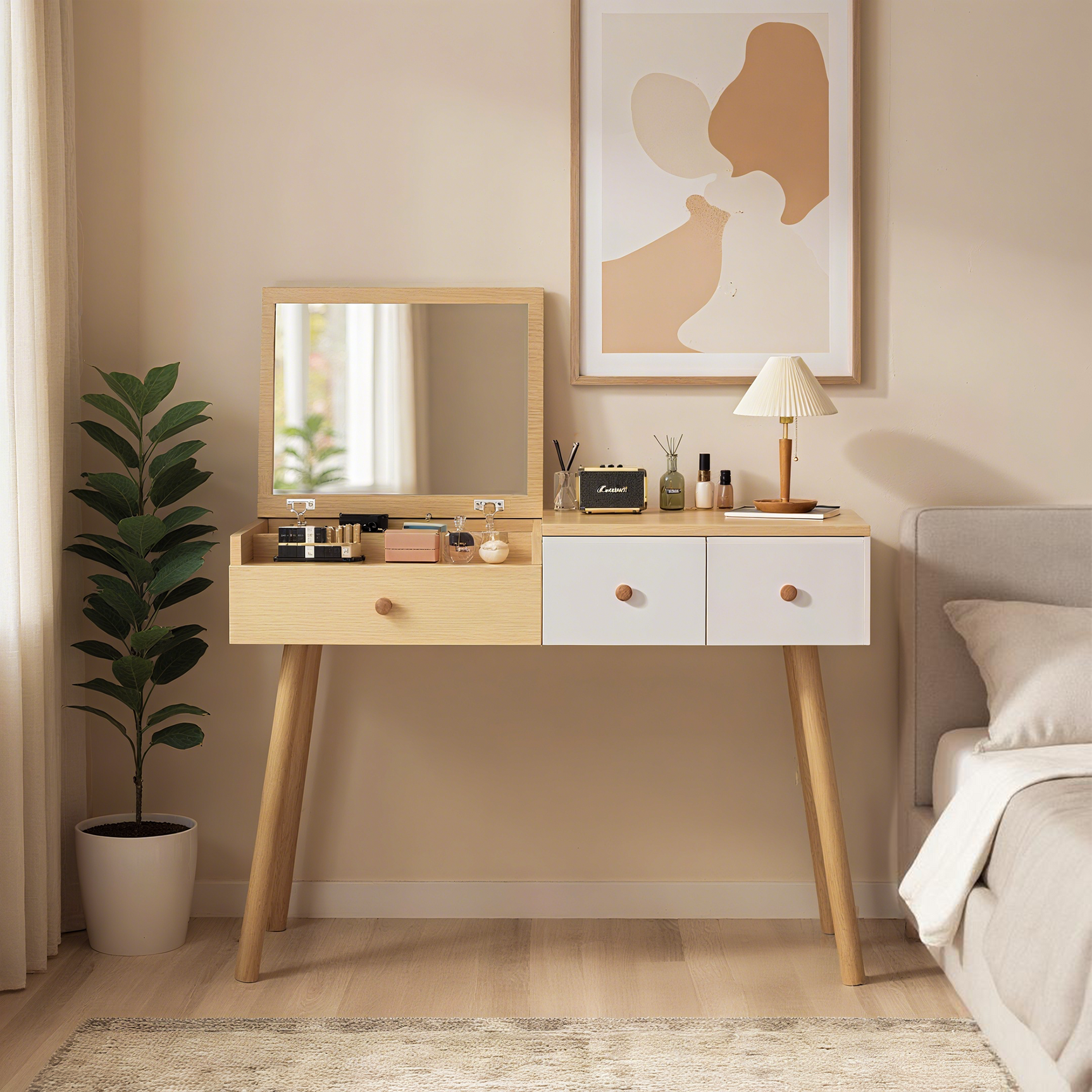 Coiffeuse en bois avec miroir rabattable, 3 tiroirs de rangement et design naturel blanc – 100x40x78 cm