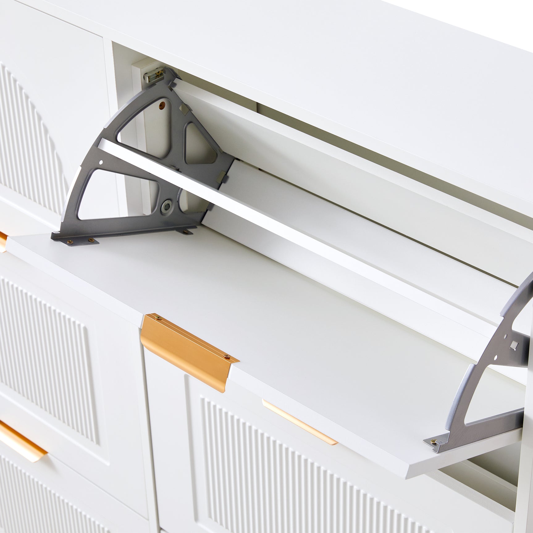 Meuble à chaussures moderne avec 6 abattants et étagères ouvertes, blanc â€?L118 x H115 x P25 cm