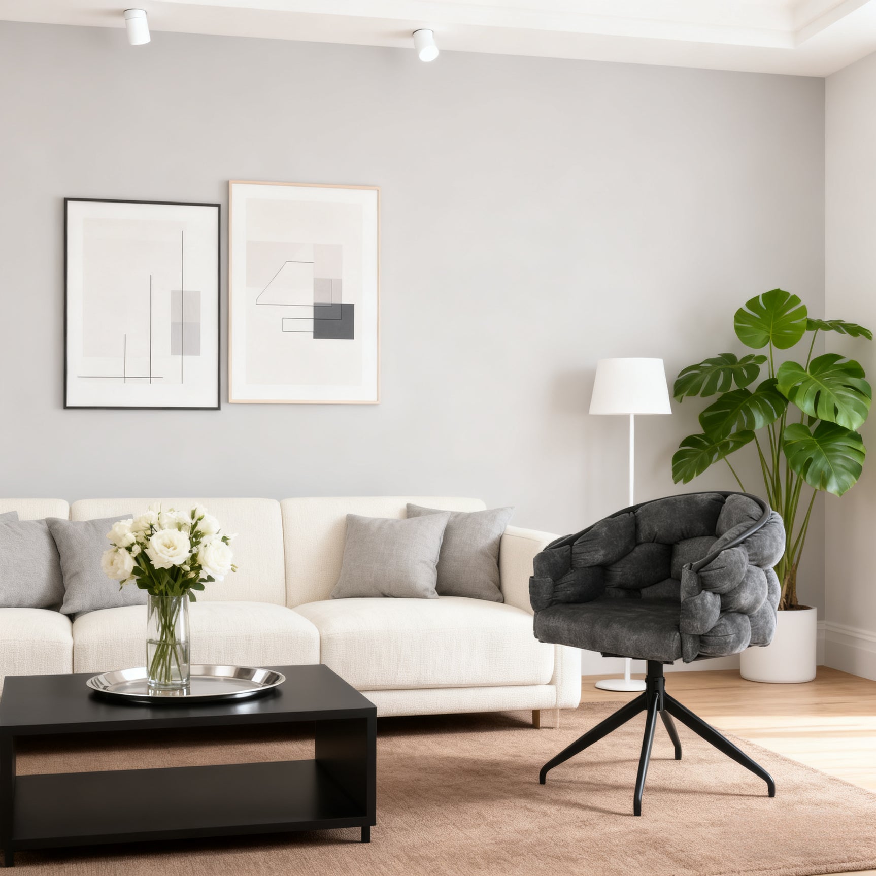 2 moderne Esstühle drehen in beige Stoff mit Armlehnen - Kalb