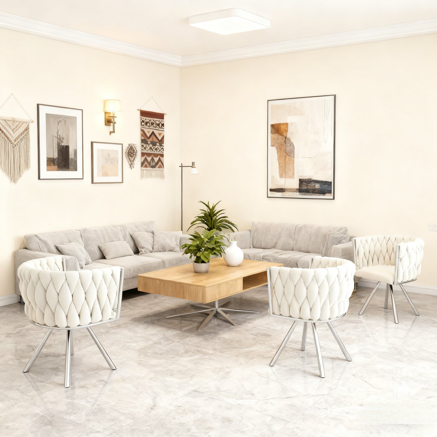 Set aus 4 Esszimmerstühlen im Industriestil mit geflochtener Rückenlehne aus beigem Stoff – MILIANA