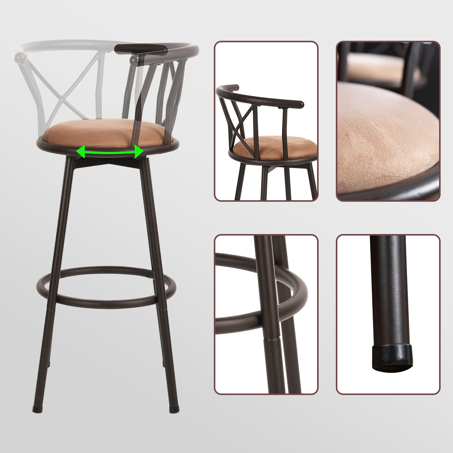 Set von 6 schwenkbaren Industriestangenhockern mit brauner Stoffrückländer - Hailey 29