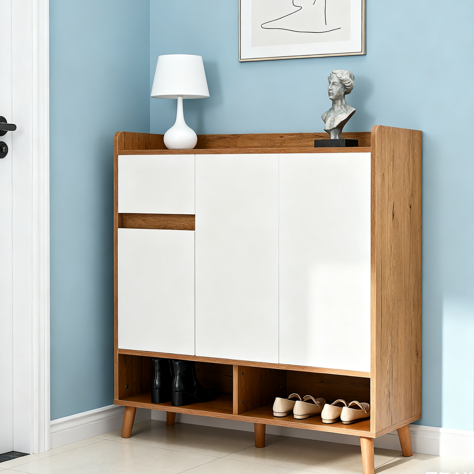 Commode / buffet / meuble à chaussures blanc et bois 90x35x99 cm avec étagères réglables et pieds en bois massif