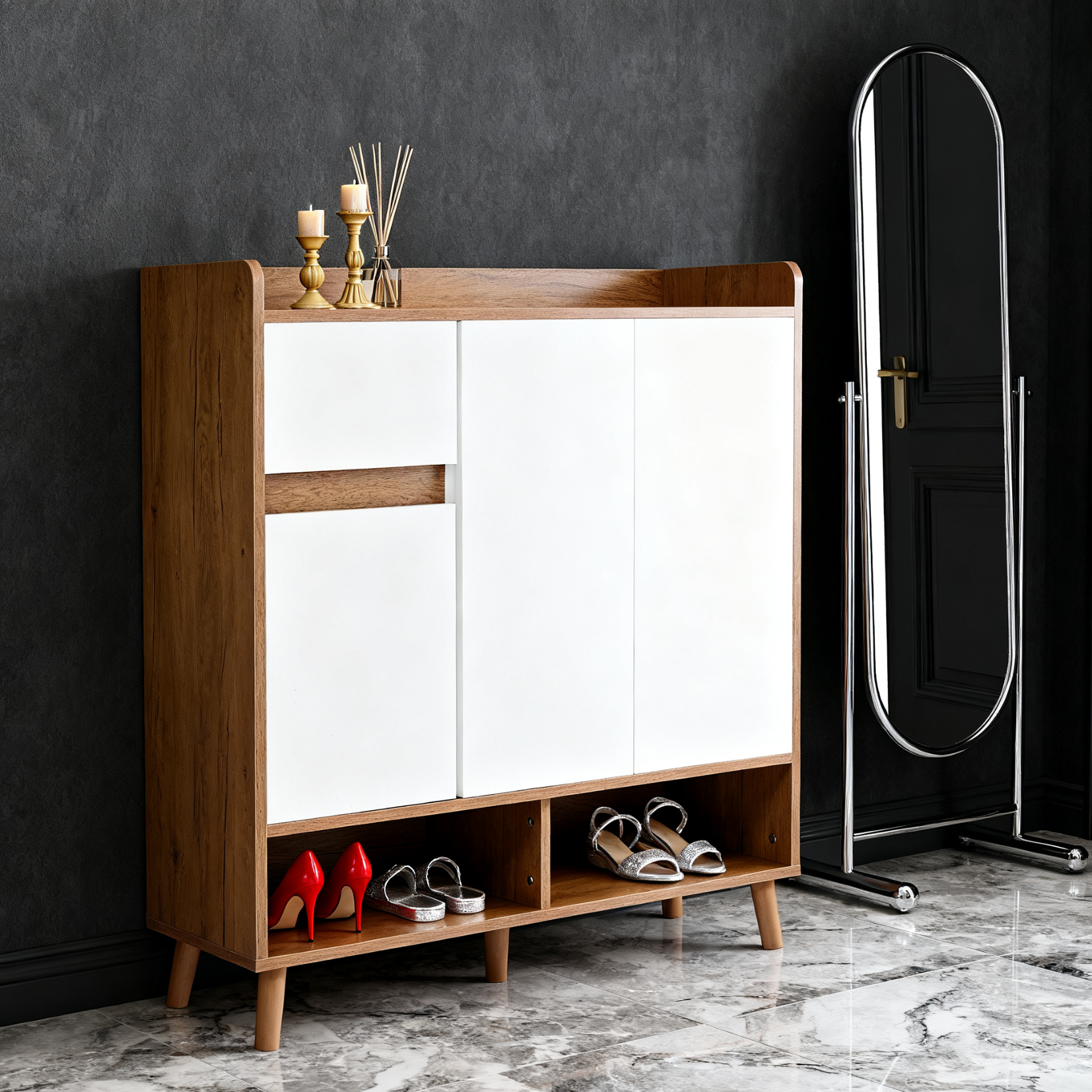 Commode / buffet / meuble à chaussures blanc et bois 90x35x99 cm avec étagères réglables et pieds en bois massif