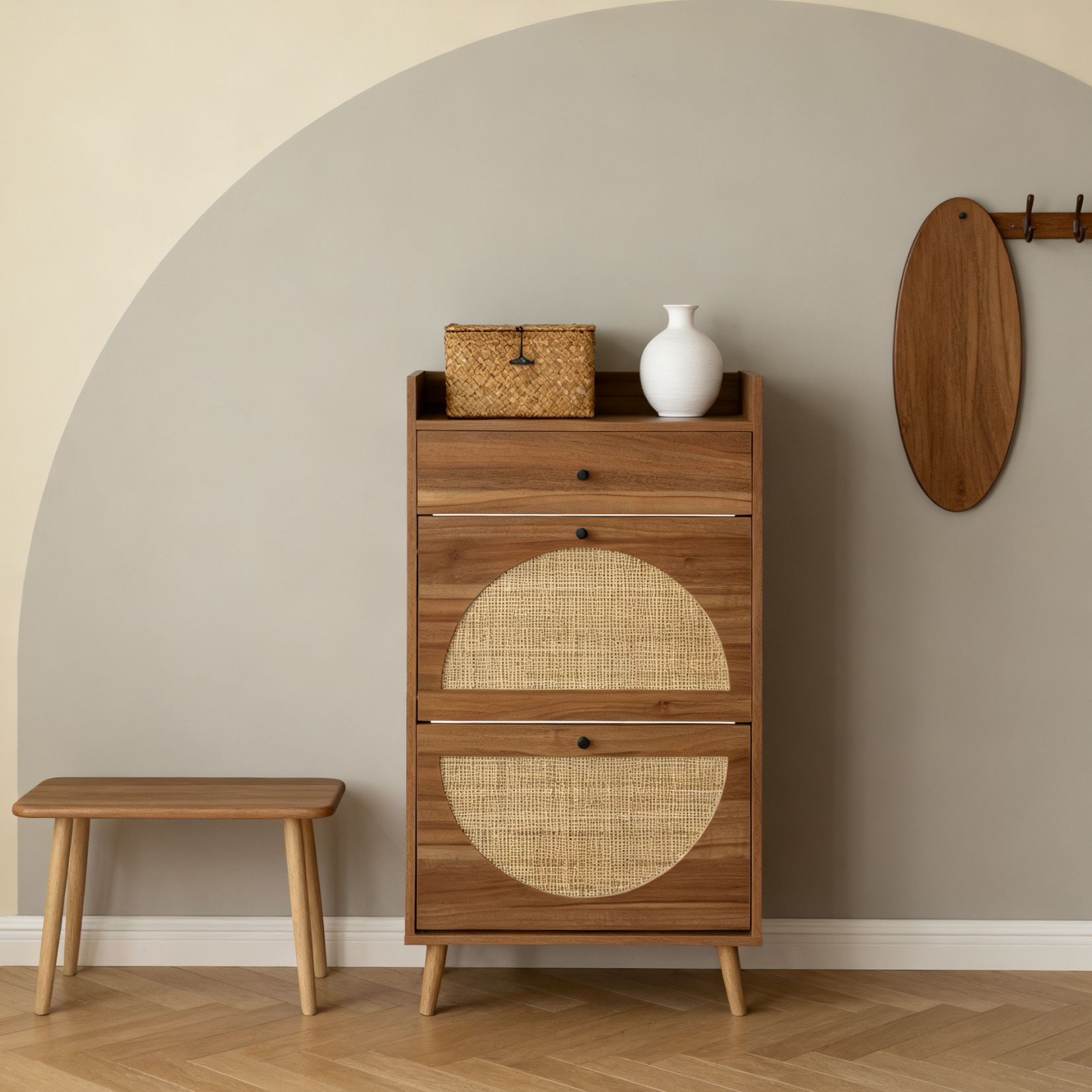 Meuble à chaussures en noyer 60x24x110 cm avec 2 portes en rotin, 1 tiroir et étagères réglables