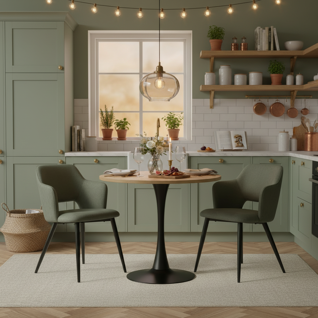 Ensemble de salle à manger de style scandinave composé d'une table ronde en chêne et de 2 fauteuils en tissu vert
