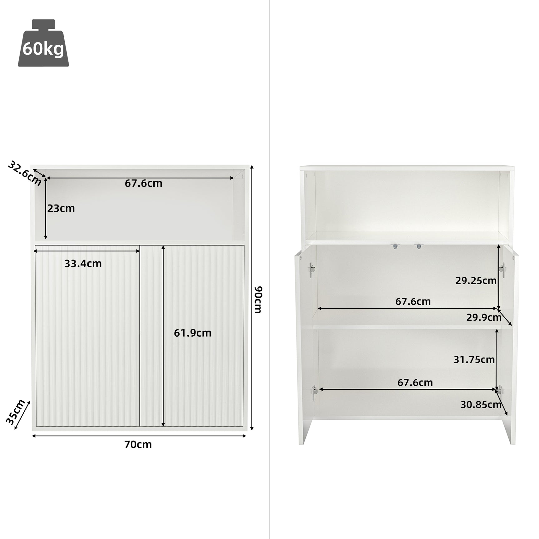 Buffet de rangement blanc 70x35x90 cm en MDF avec 2 portes magnétiques