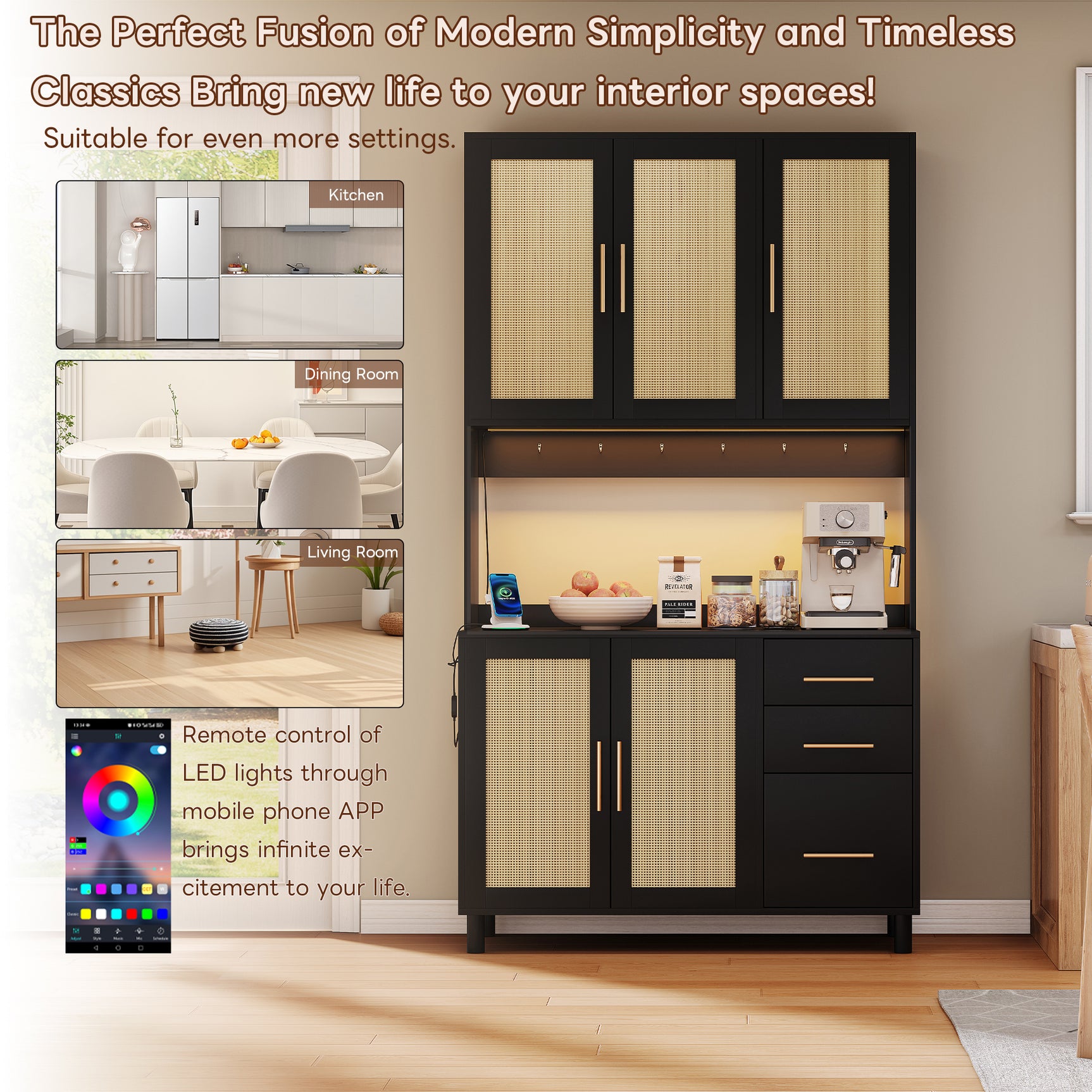 183 cm Küchenbuffet mit LED -Beleuchtung, gesteuert von Anwendung, 2 USB -Häfen, 2 Sockeln, 3 Schubladen, verstellbaren Regalen und goldenen Griffen - ideal für Küchen- und Esszimmer