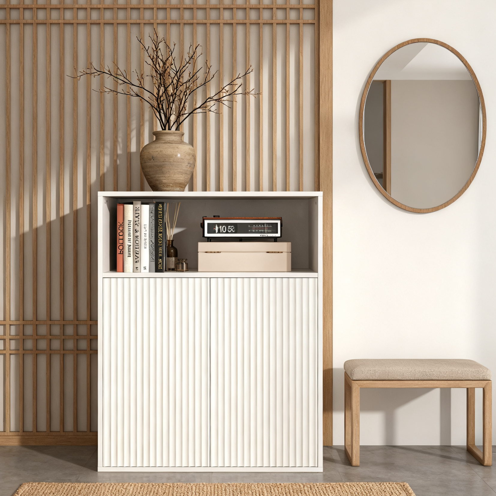 Buffet de rangement blanc 70x35x90 cm en MDF avec 2 portes magnétiques