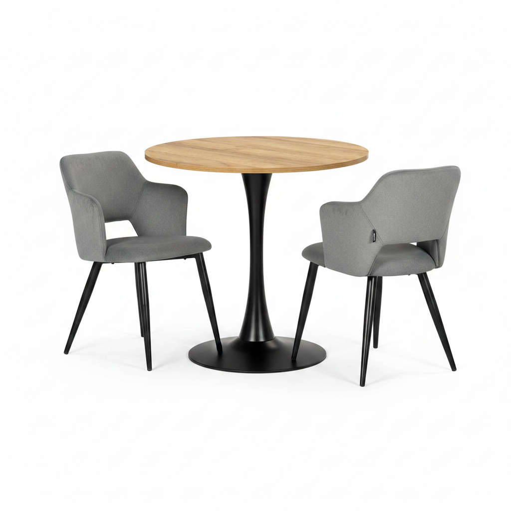 Round Table Table Table Table Timber Ø80 cm with 4 black velvet chairs, modern and comfortable style
