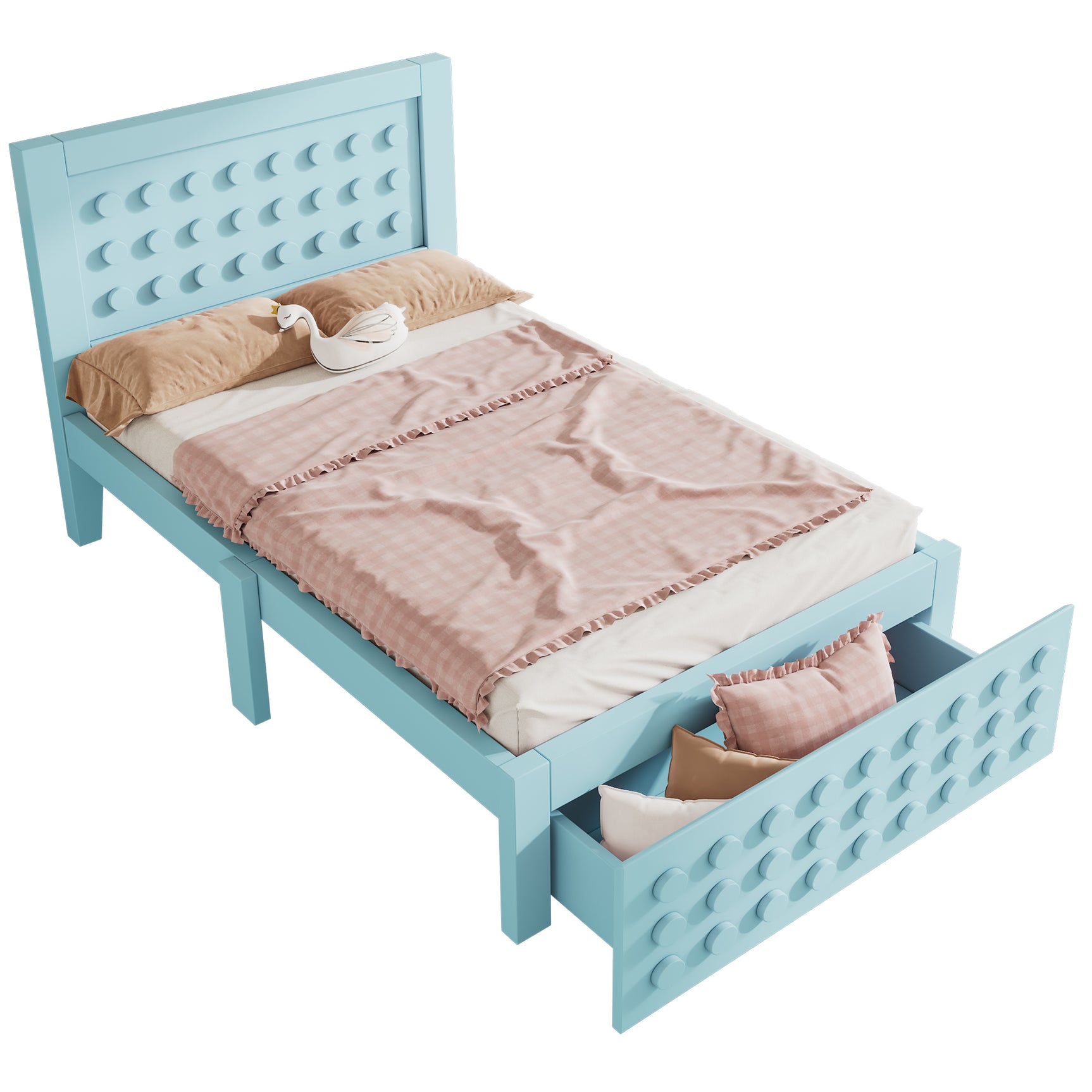 Lit enfant bleu 90x200 cm avec tiroir de rangement et design créatif en blocs, cadre en bois massif