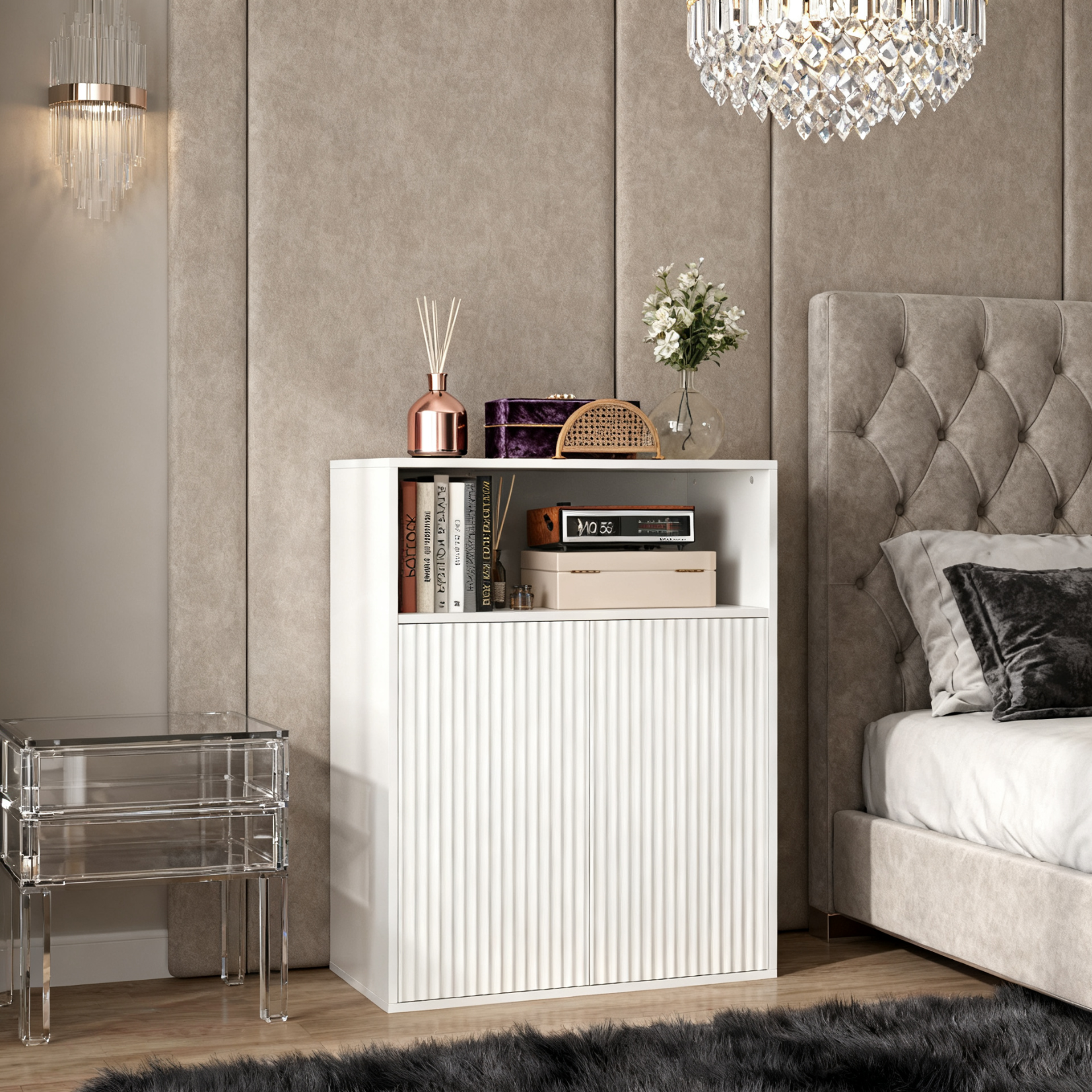 Buffet de rangement blanc 70x35x90 cm en MDF avec 2 portes magnétiques