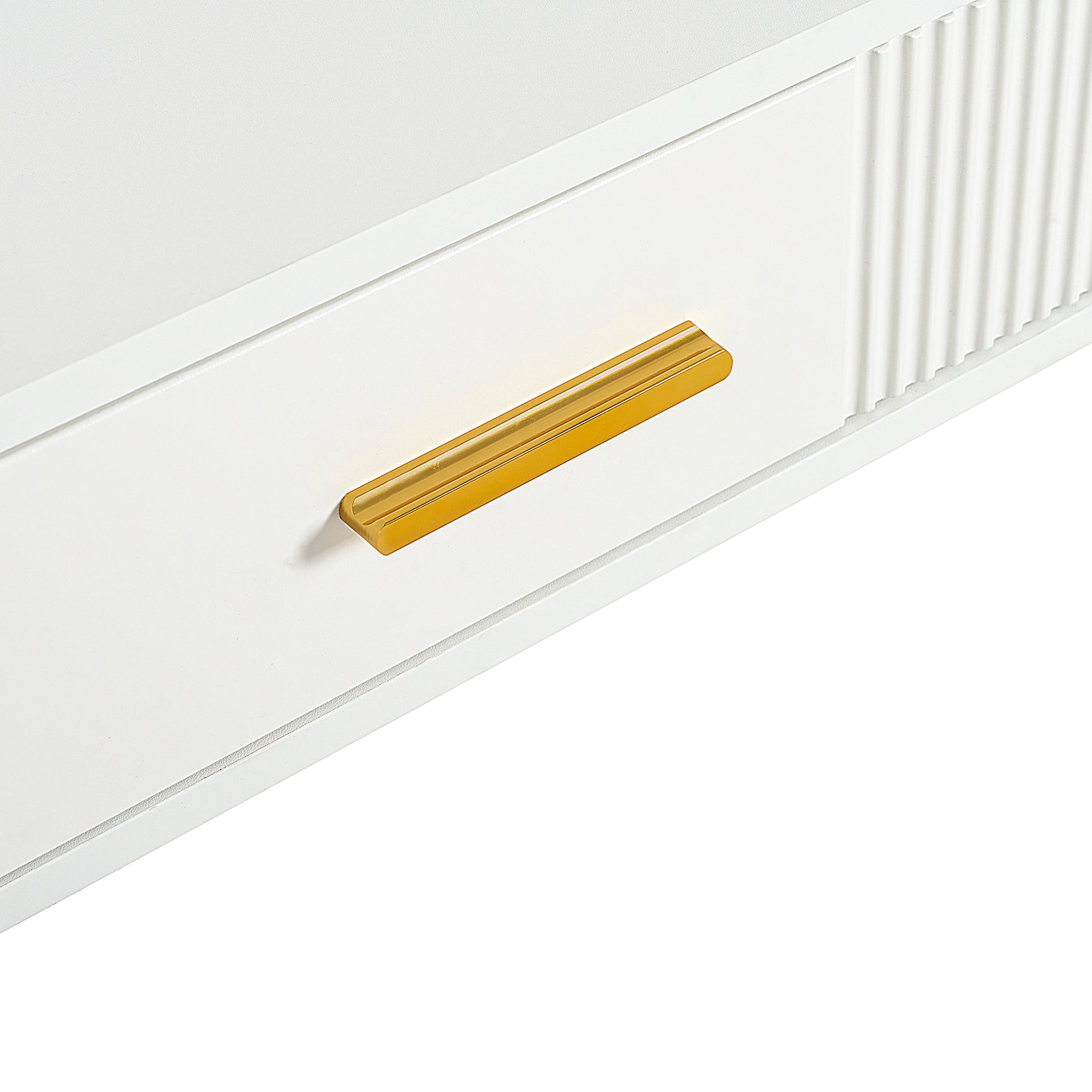 Coiffeuse ou bureau blanc au design moderne avec 2 tiroirs spacieux et pieds en métal doré, 100x40x76 cm.