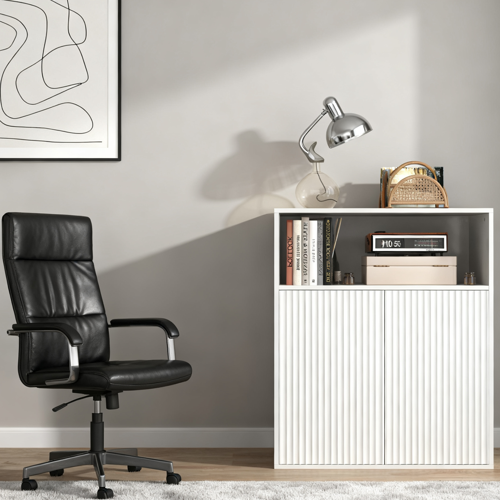 Buffet de rangement blanc 70x35x90 cm en MDF avec 2 portes magnétiques