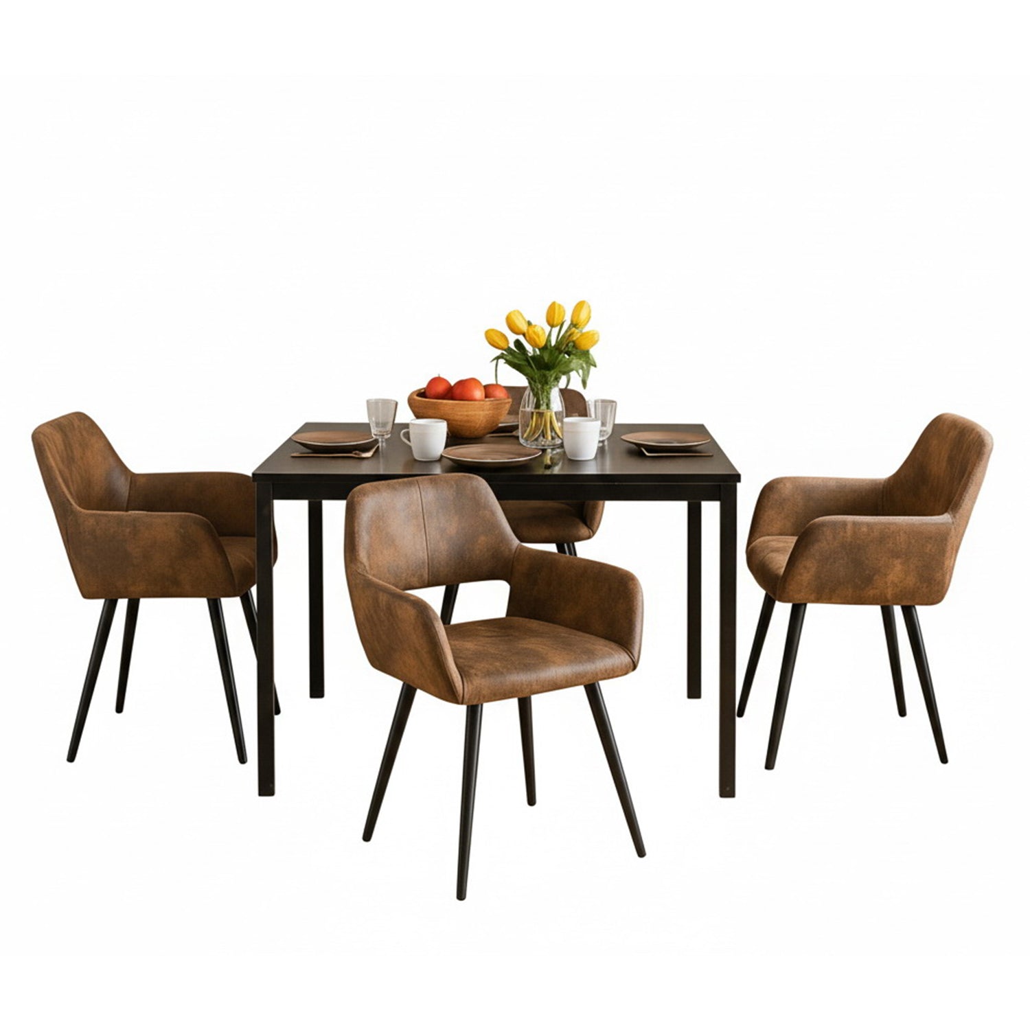 Round Table Table Table Table Timber Ø80 cm with 4 black velvet chairs, modern and comfortable style
