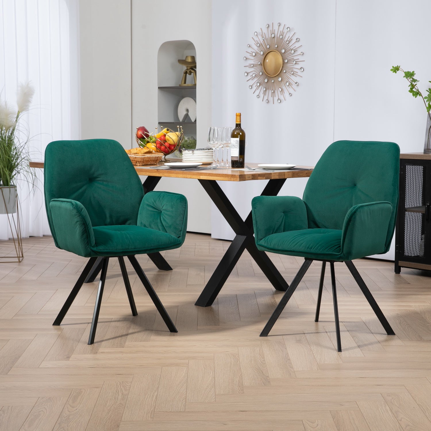 Ensemble de 4 chaises de salle à manger confortables en tissu beige et vert avec accoudoirs - CALF GREEN+BEIGE