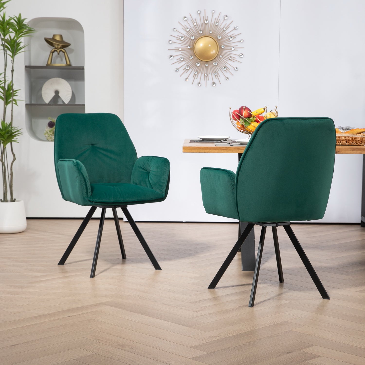 Set aus 2 bequemen Esszimmerstühlen aus grünem Stoff mit Armlehnen – KALBGRÜN
